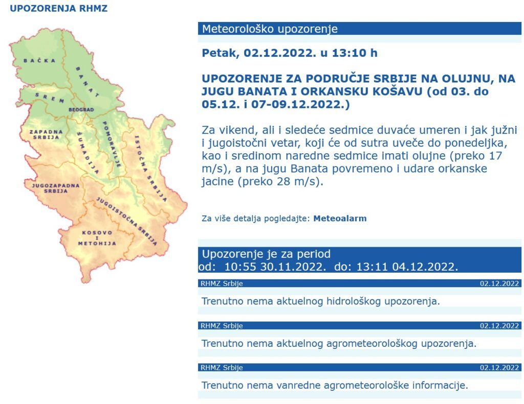 Vremenska prognoza, upozorenja i najave Foto: hidmet.gov.rs