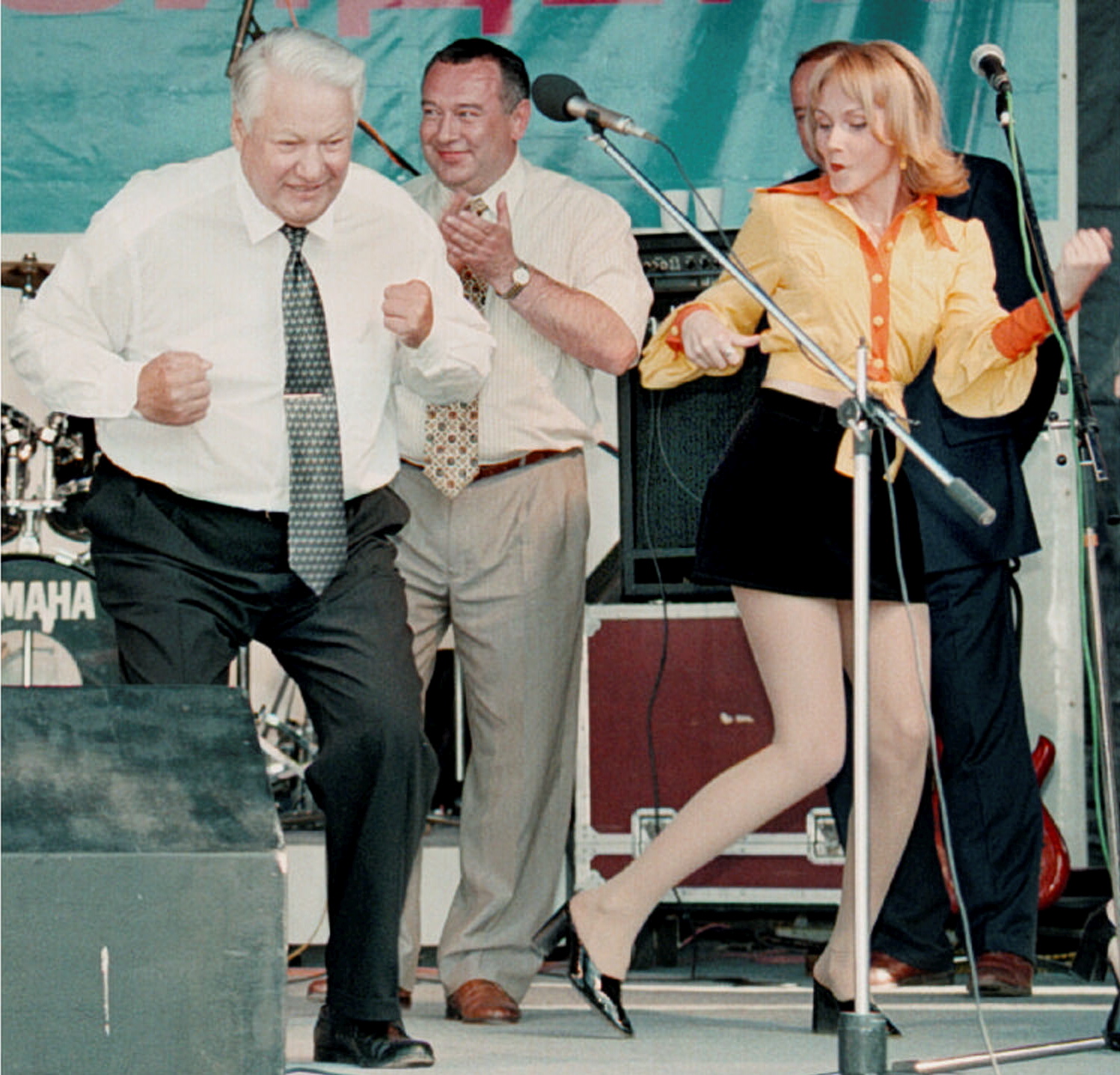 Russian President Boris Yeltsin dances with the actors during the pre-election campaigning concert in Rostov, Russia, 10 June 1996.  EPA/YURI KADOBNOV