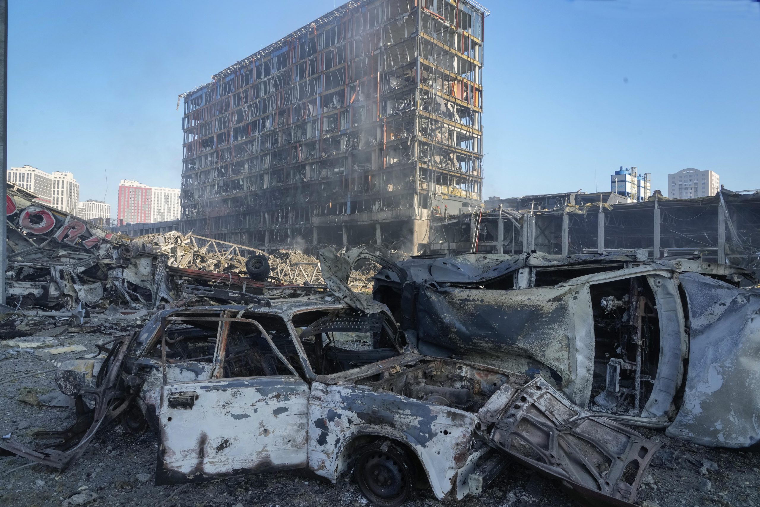 A view of the damage after the Russian shelling of a shopping center, in Kyiv, Ukraine, Monday, March 21, 2022. Eight people were reported to be killed in the attack. (AP Photo/ (AP Photo/Efrem Lukatsky)