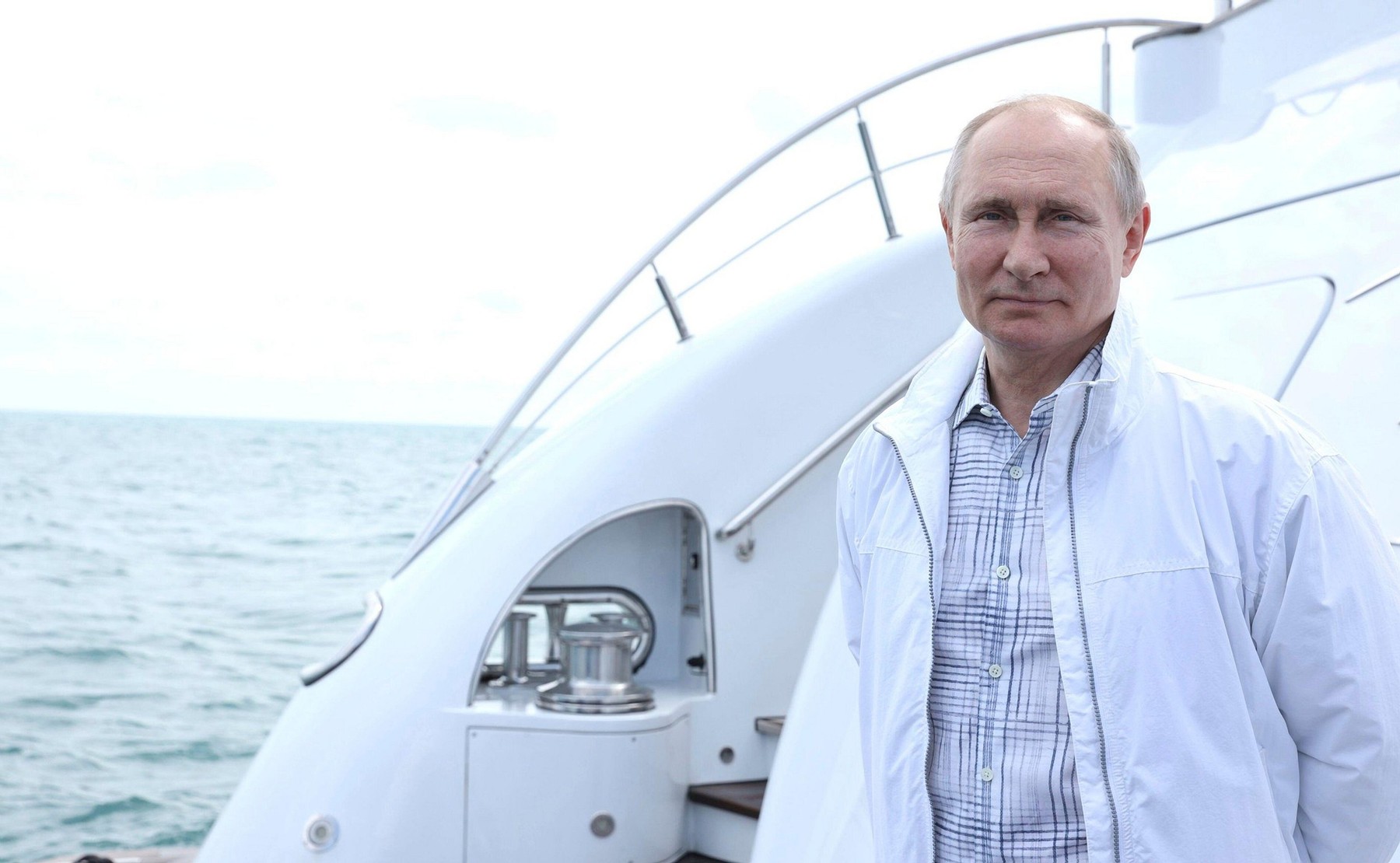 Sochi, Russia. 29th May, 2021. Russian President Vladimir Putin waits on the deck of a yacht to welcome Belarus President Alexander Lukashenko on the Black Sea May 29, 2021 in Sochi, Russia. Credit: Planetpix/Alamy Live News