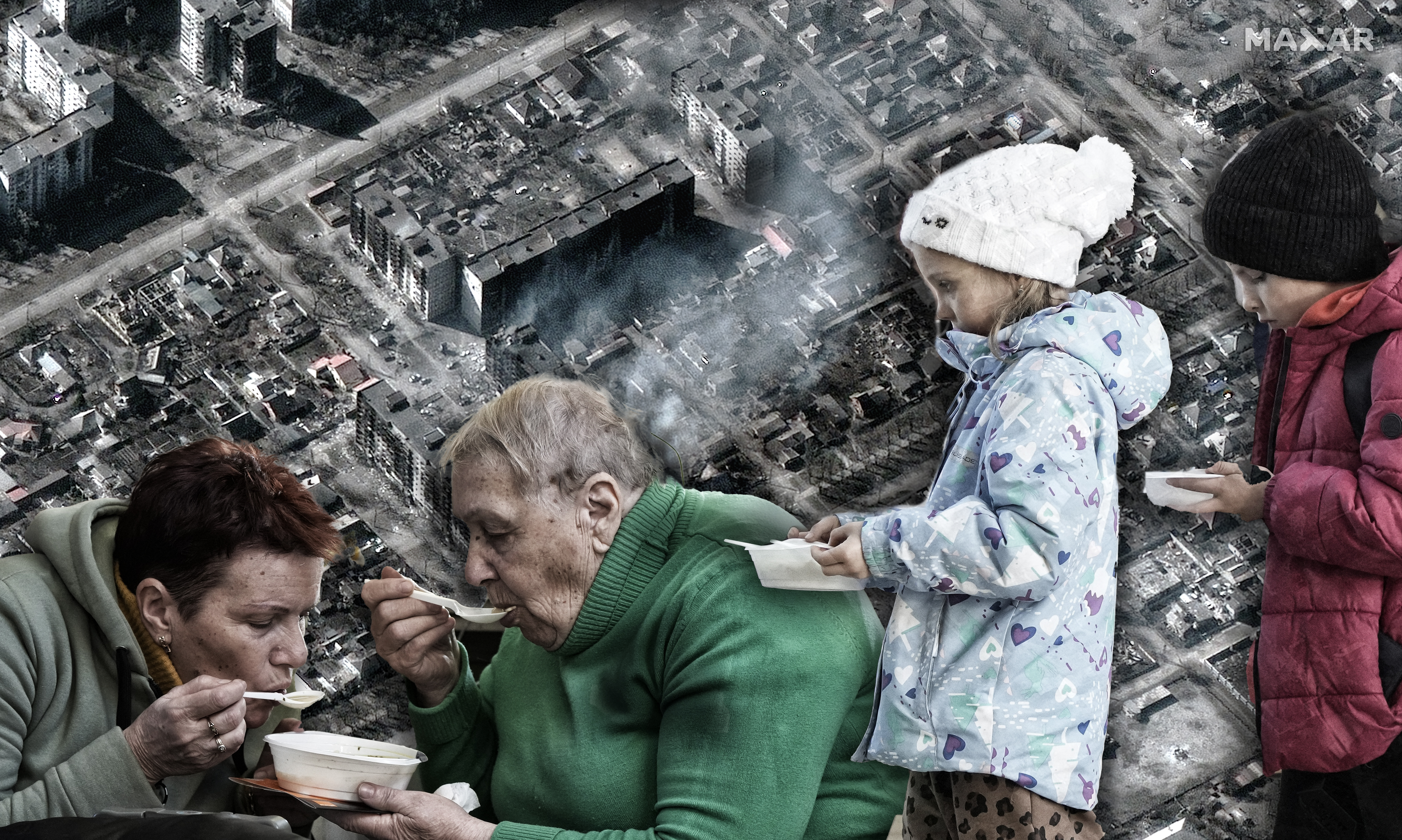 This satellite image provided by Maxar Technologies shows burning and destroyed apartment buildings in Mariupol, Ukraine Tuesday, March 22, 2022. (Satellite image ©2022 Maxar Technologies via AP)