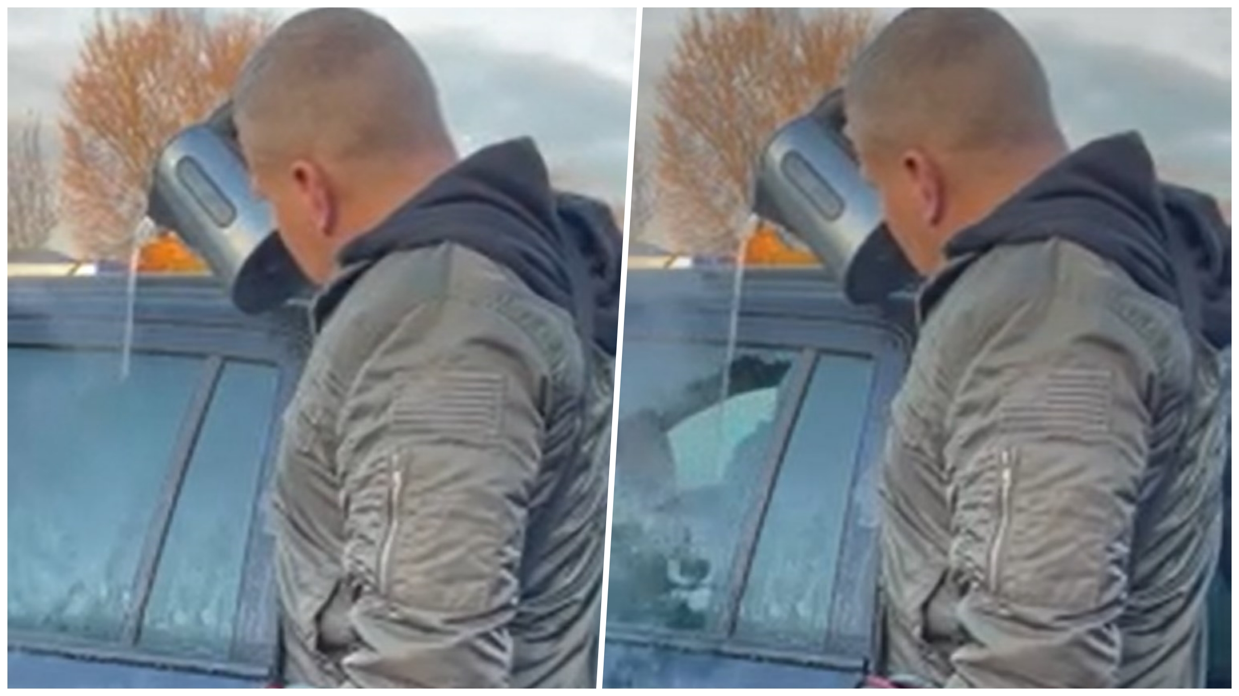 learing the ice off the car window with boiling hot water. * I made this a gif as the sound effects were terrible for this video.