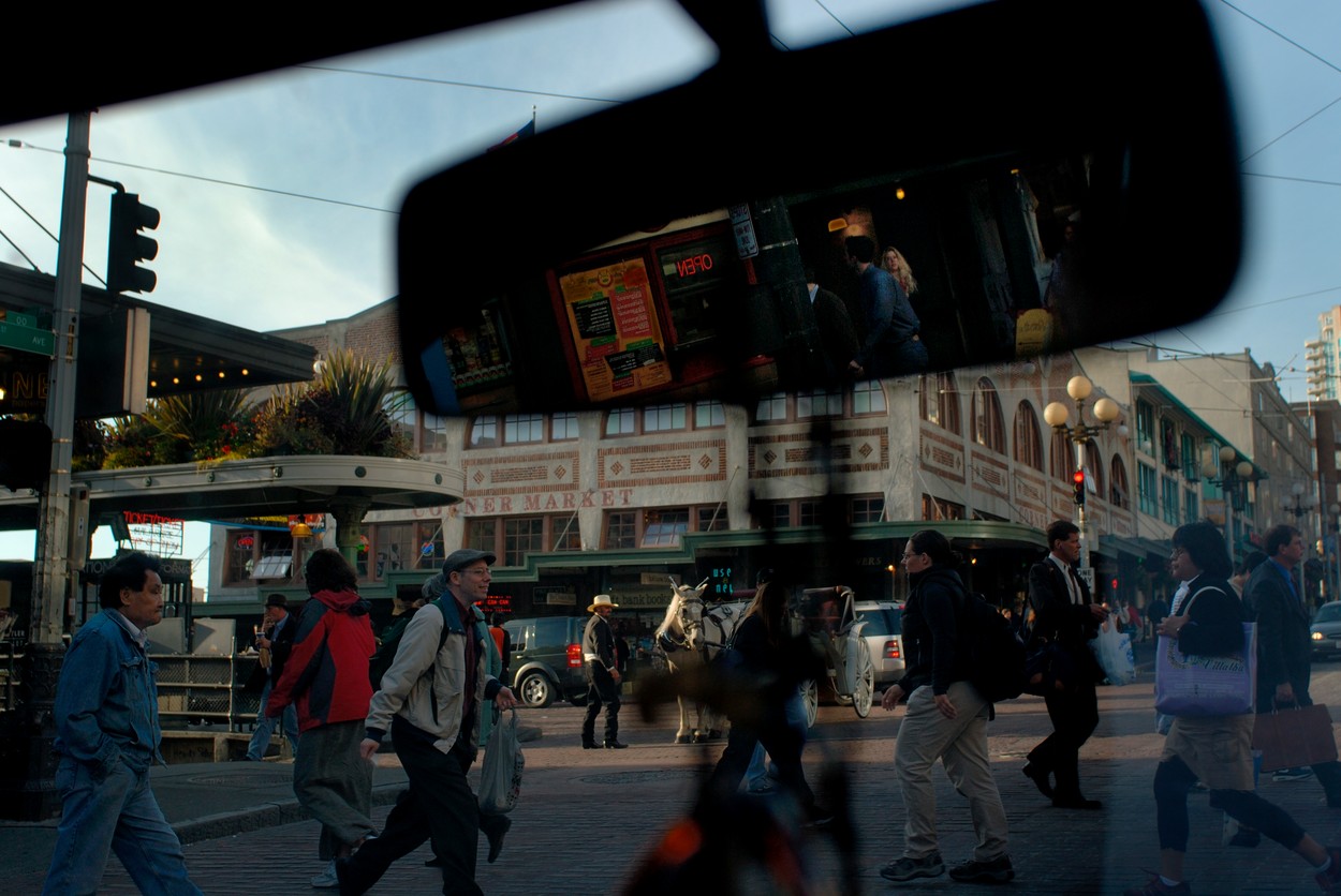 People crossing street near Pike Place Market on 1st Avenue, Seattle, Washington state, United States of America, North America