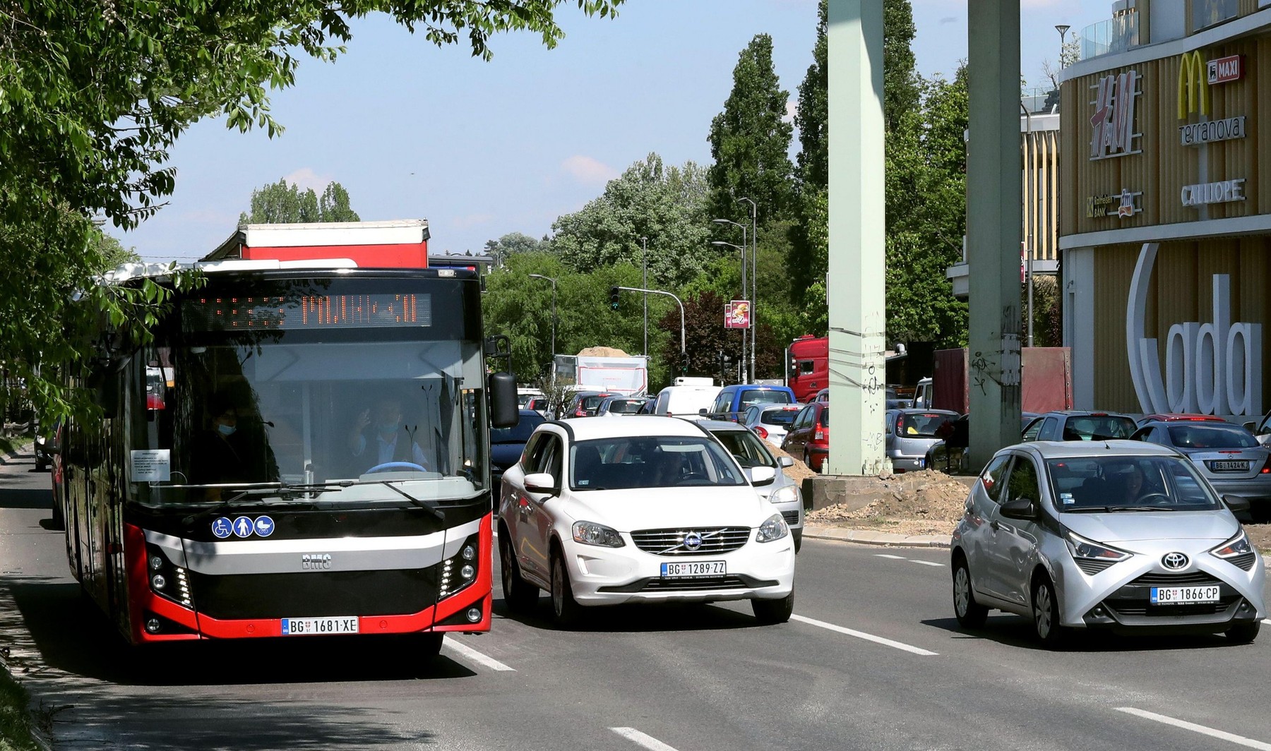 Belgrade, Serbia. 28th Apr 2020. A city bus seen in traffic as driver takes it to the disinfection and preparation to be put into service amid easing coronavirus restrictive measures. The Serbian government has decided to gradually ease some restrictive m
