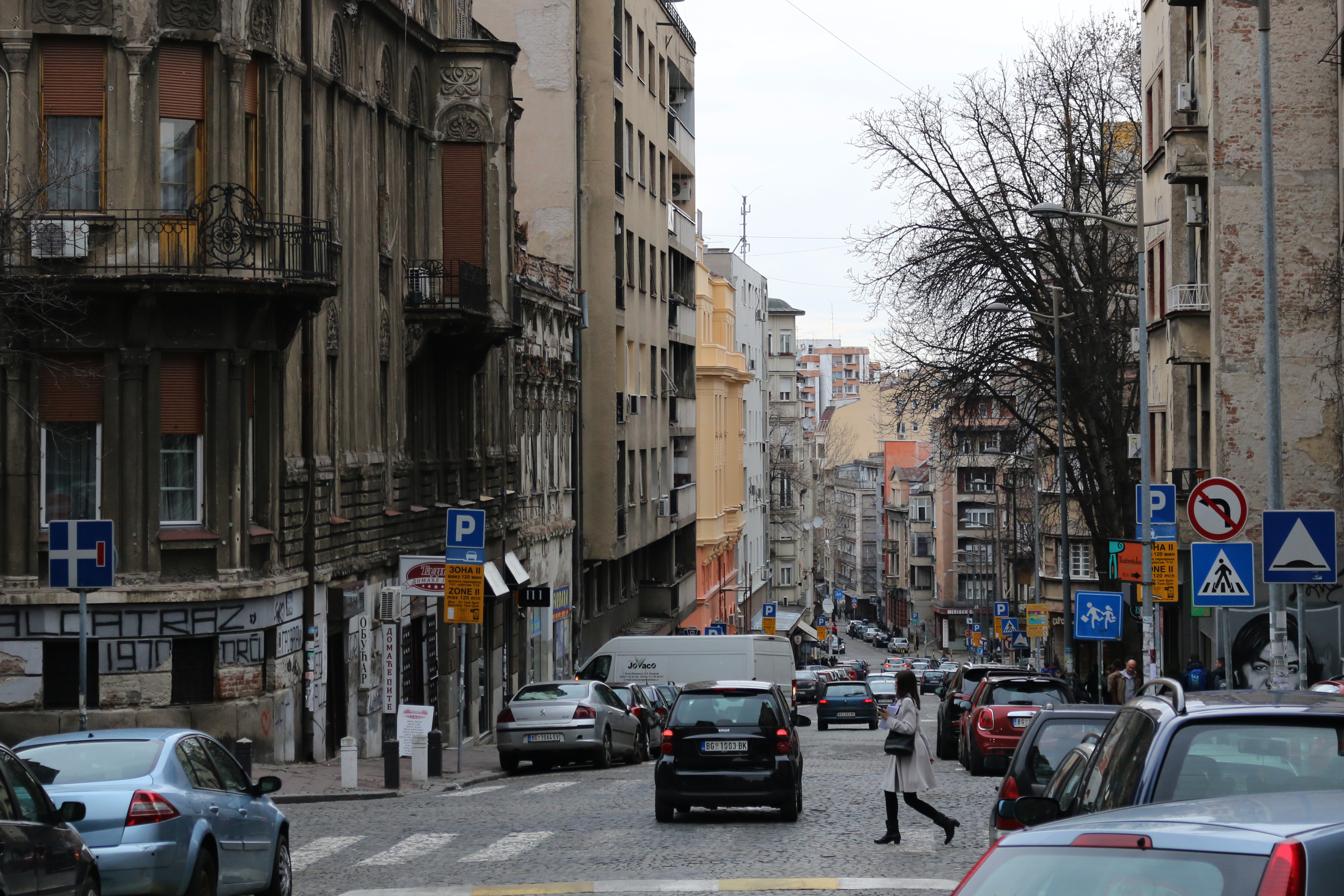 Belgrade, Serbia, March 7. 2017. Women crossing the pedestrian on streets of Dorcol, Belgrade, Serbia