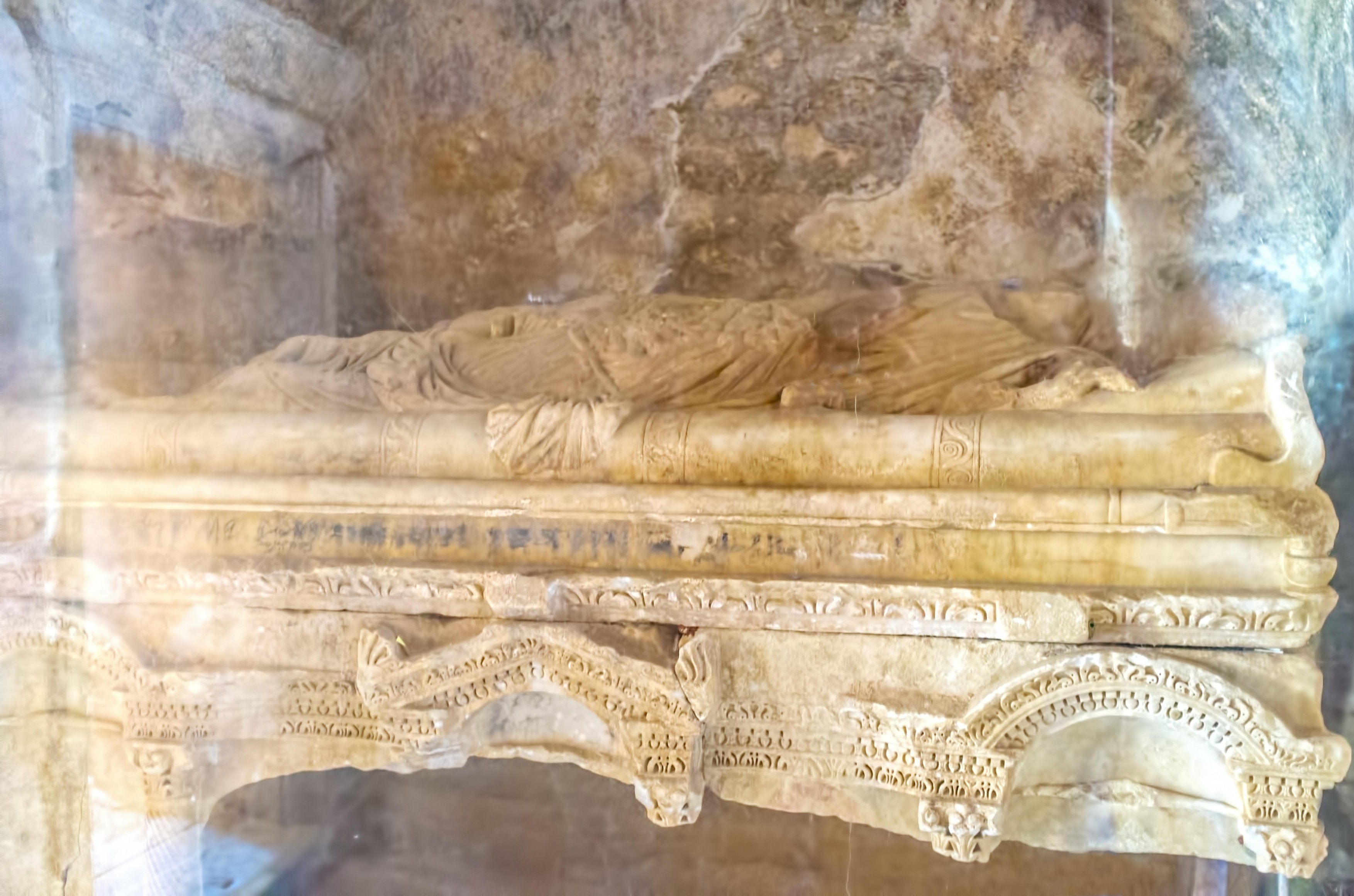 DEMRE, TURKEY - MAY 7, 2017: The ruins of sarcophagus of first burial of Saint Nicholas, on May 7, in Demre.