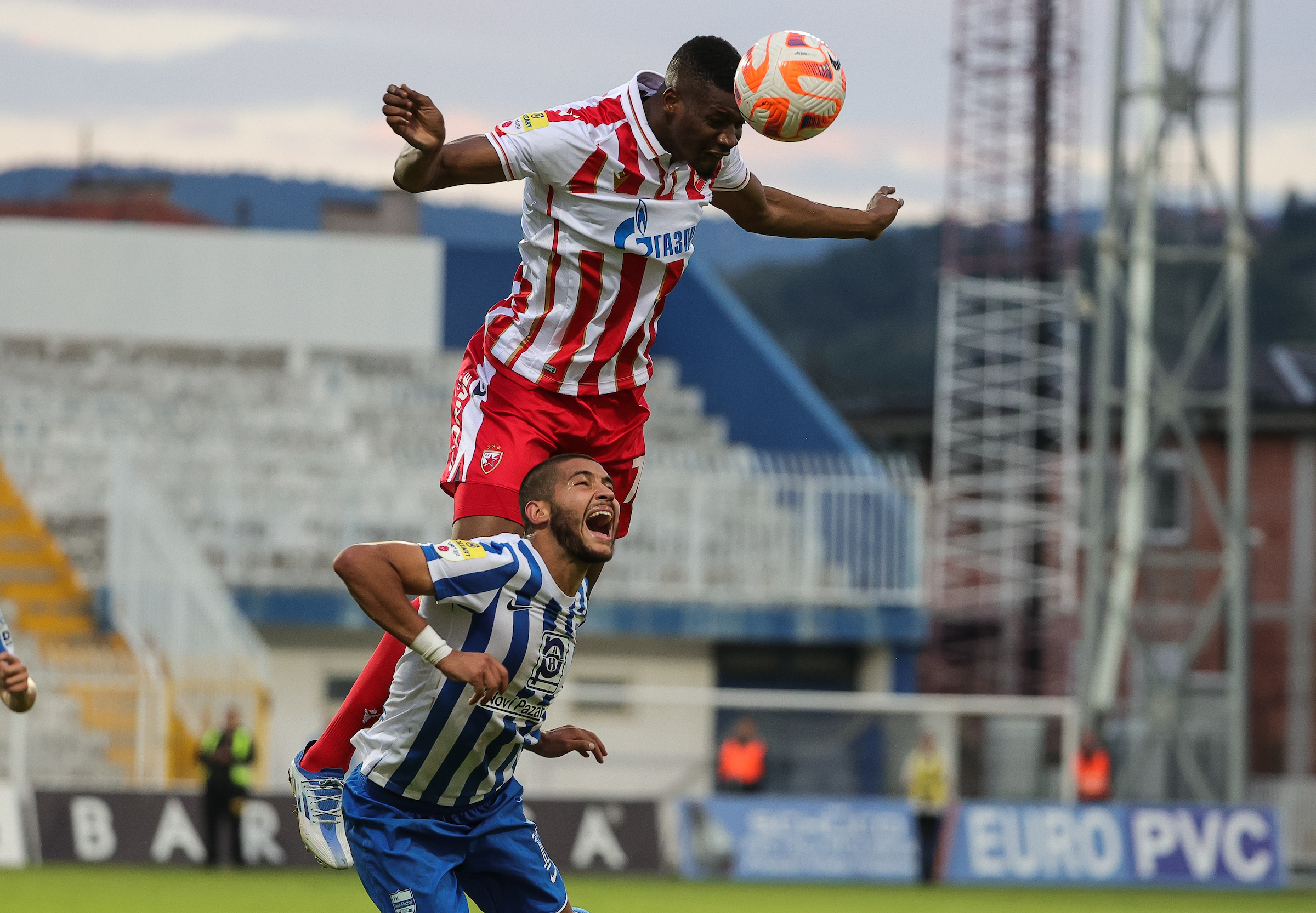 Califa Coulibaly (R) and Filip Jovic
Novi Pazar v Crvena Zvezda, Mozzart Super Liga 2022/2023 at stadium Cazcoin Arena on September 11, 2022 in Novi Pazar, Serbia. (Photo by Srdjan Stevanovic/Starsport.rs ©)