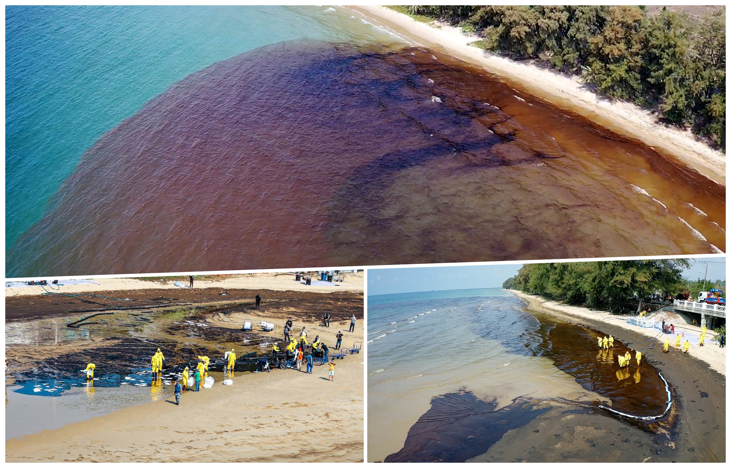 Clean up operation after oil spill reaches a beach in Rayong, Thailand