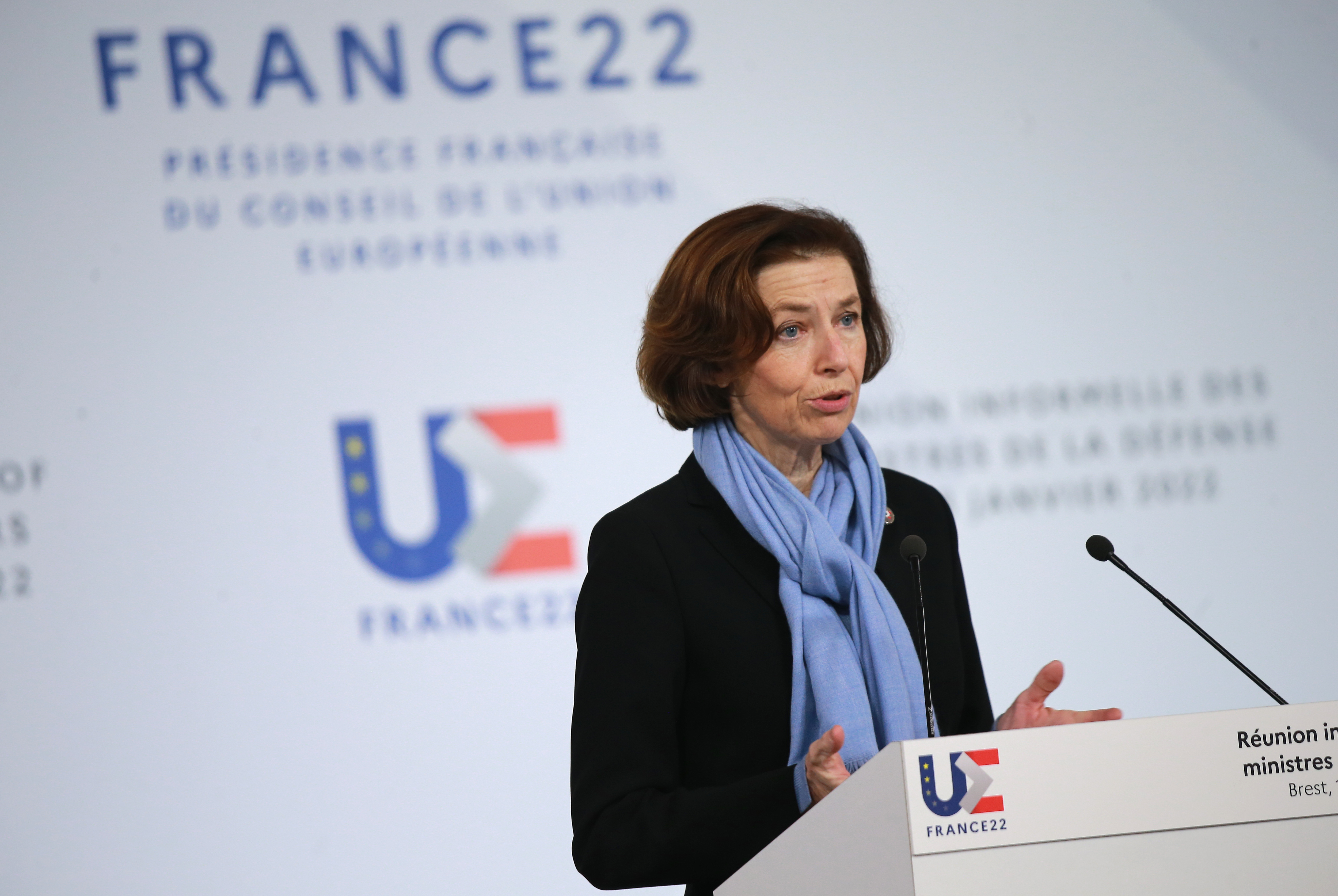 epa09682440 French Defense minister Florence Parly speaks during a press conference as part of an informal meeting of European Union Defense Ministers in Brest, France, 13 January 2022.  EPA-EFE/CHRISTOPHE PETIT TESSON