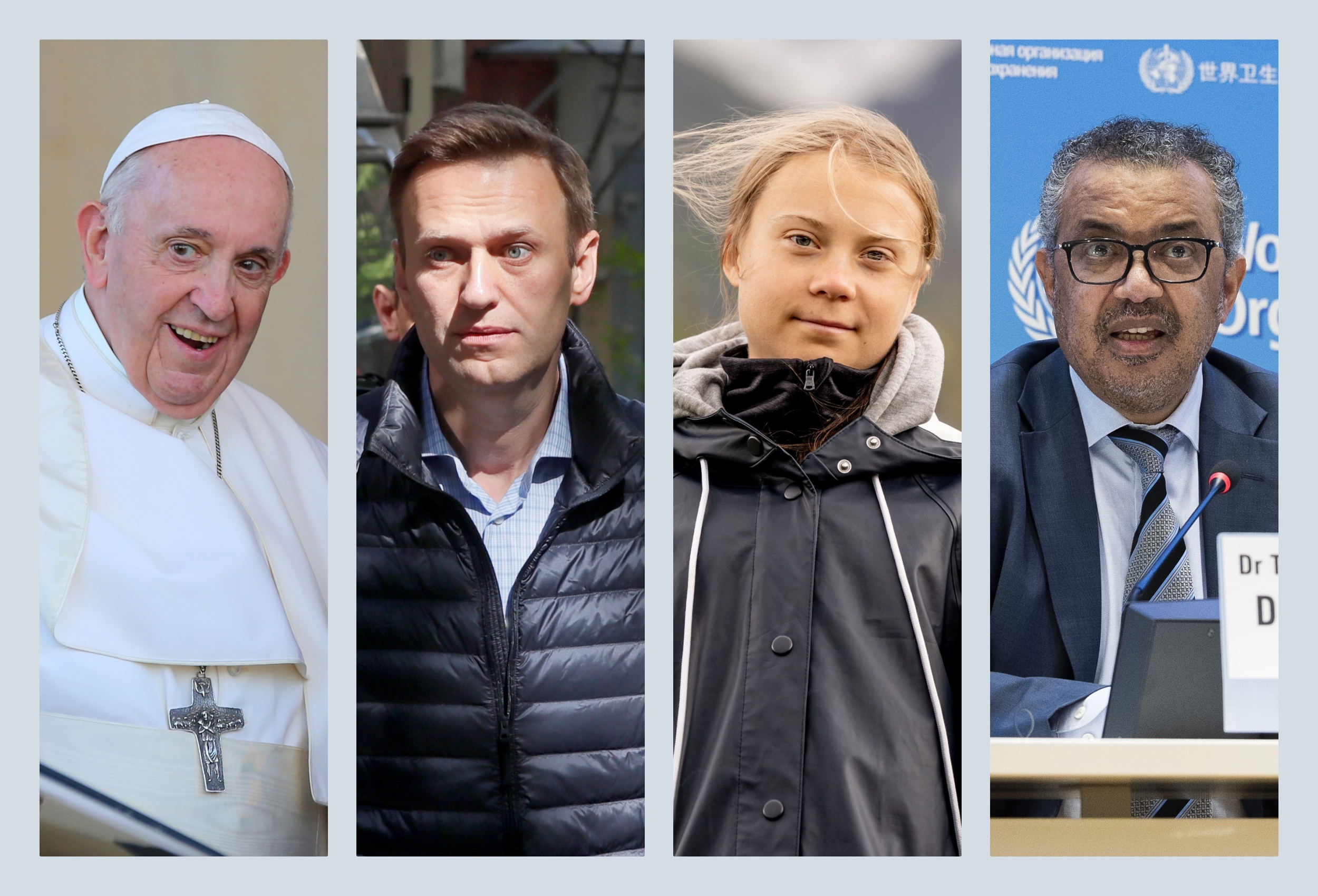 papa franja, Navaljni, Greta Tunberg, SZO (može zgrada ili onaj njihov direktor kada priča), nobelova nagrada za mir