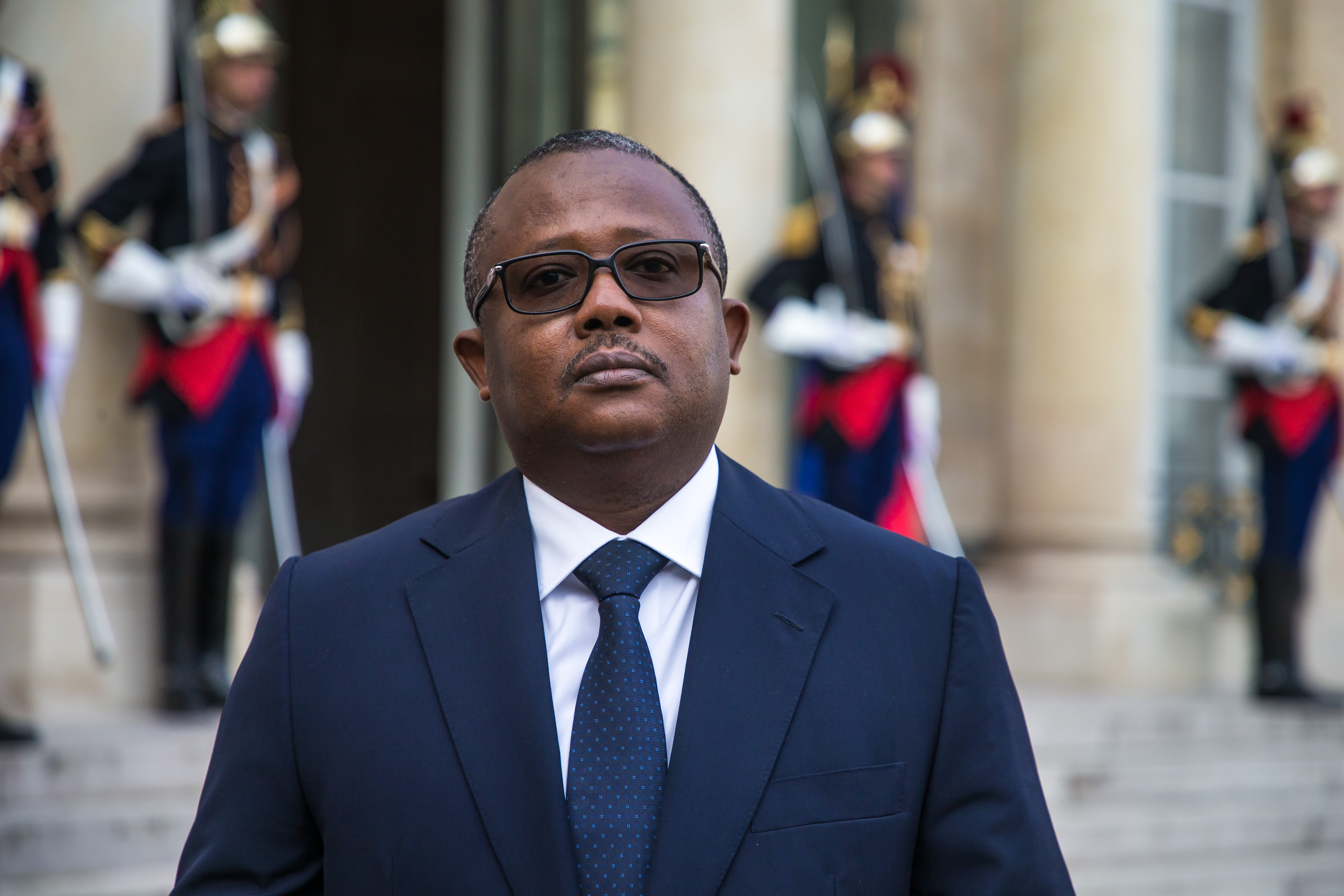 epa09524908 Guinea-Bissau President Umaro Sissoco Embalo speaks to the media prior to his meeting with French President Emmanuel Macron at the Elysee Palace in Paris, France, 15 October 2021.  EPA-EFE/CHRISTOPHE PETIT TESSON