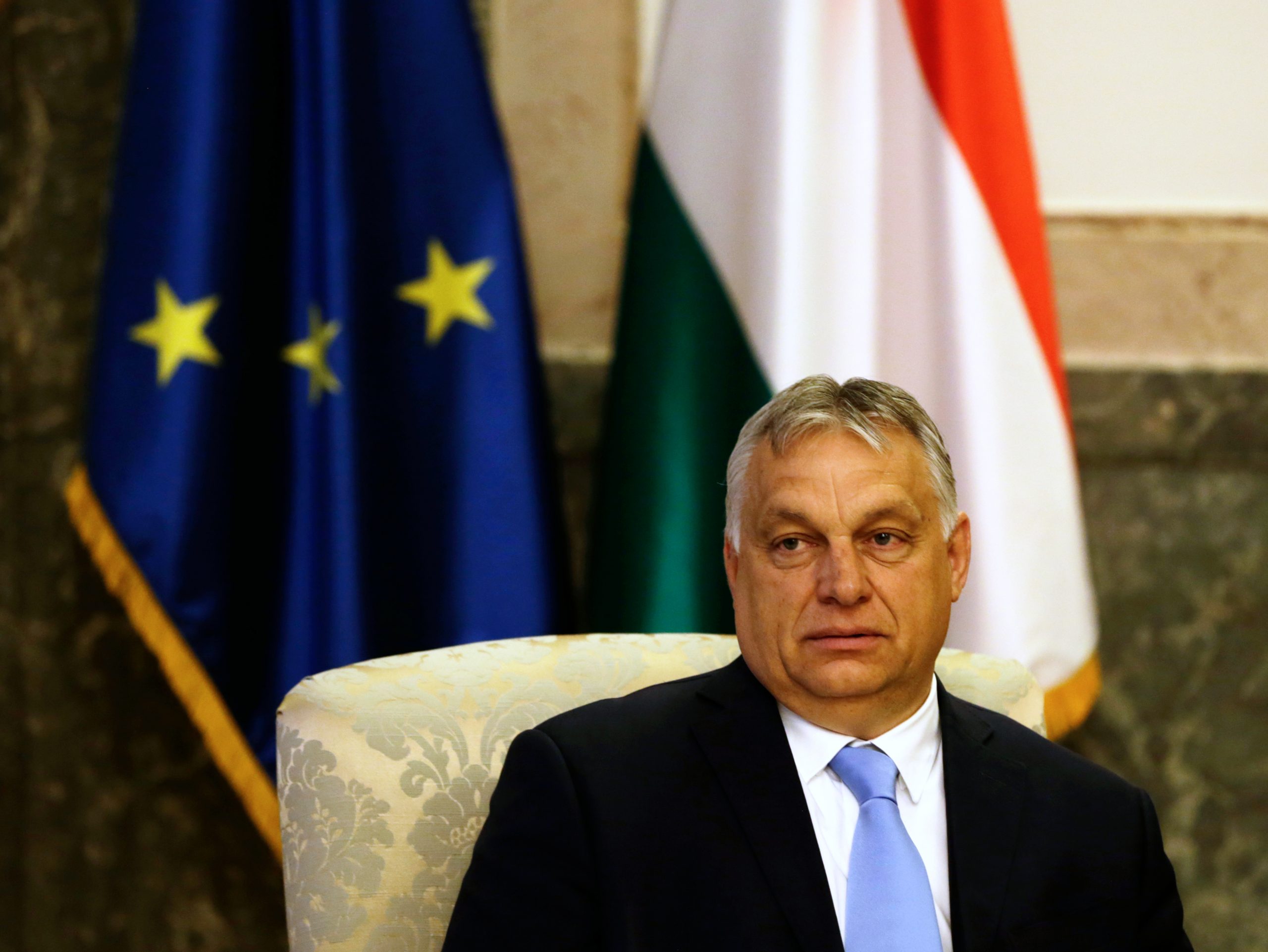 epa09330808 Hungarian Prime Minister Viktor Orban looks at photographers during a meeting with Serbian President Vucic in Belgrade, Serbia, 08 July 2021. Orban is on an official visit to Serbia.  EPA-EFE/ANDREJ CUKIC