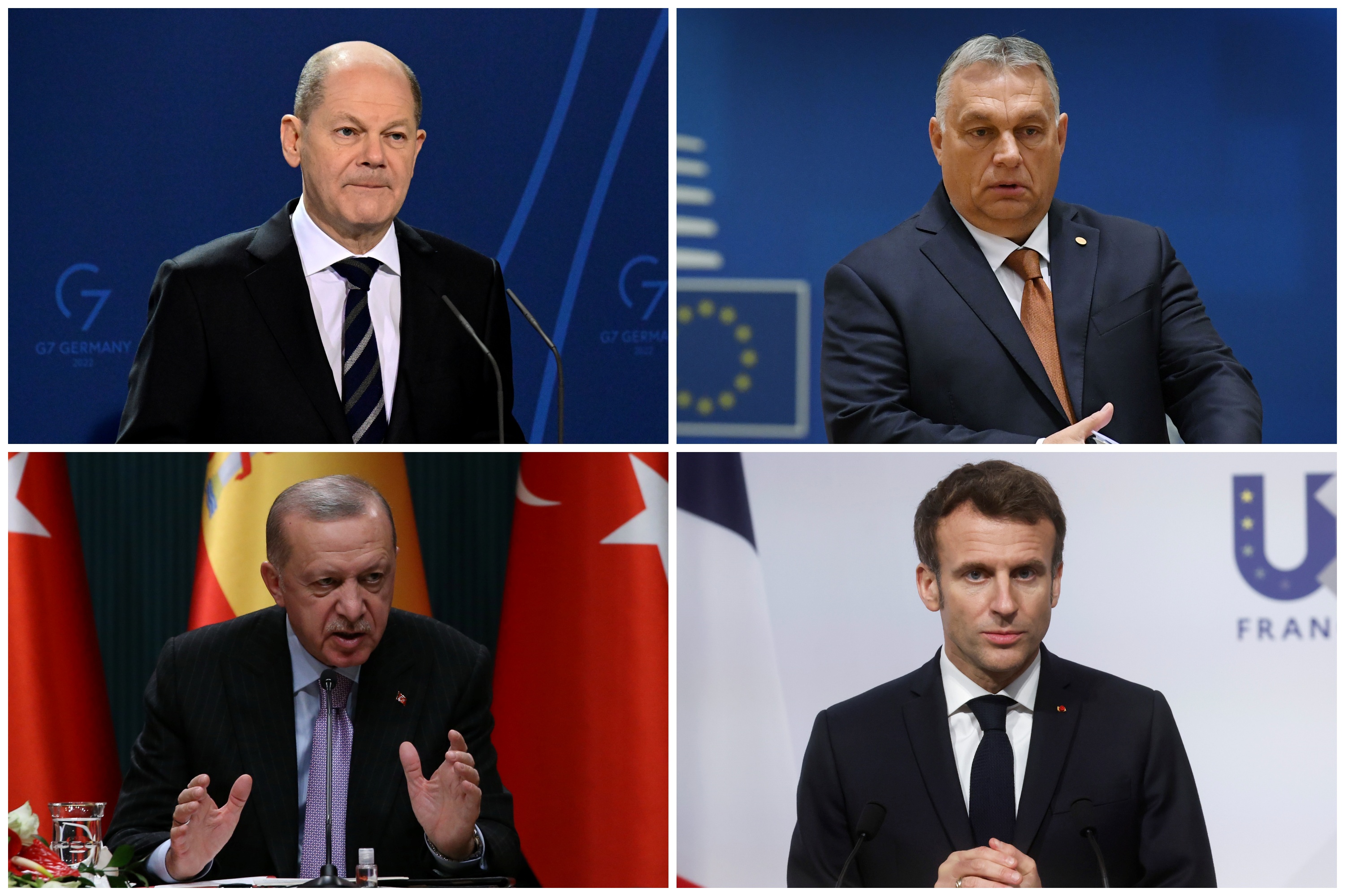 Olaf Šolc, Viktor Orban, Redžep Tajip Erdogan i Emanuel Makron, kombo Foto: EPA-EFE/TOBIAS SCHWARZ/JOHN THYS/STR/YOAN VALAT