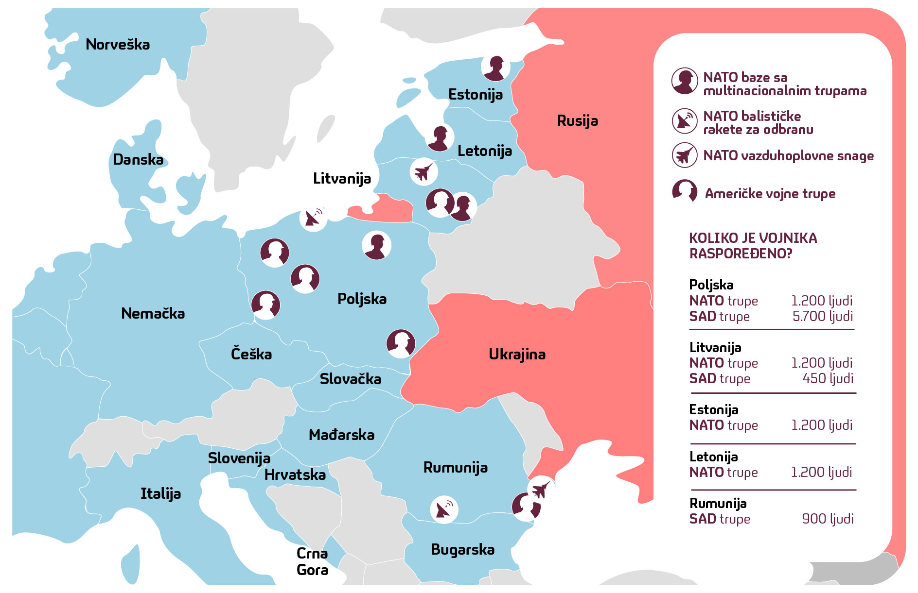 Raspored NATO trupa u istočnoj Evropi Grafika: Slađana Đermanović/Nova.rs