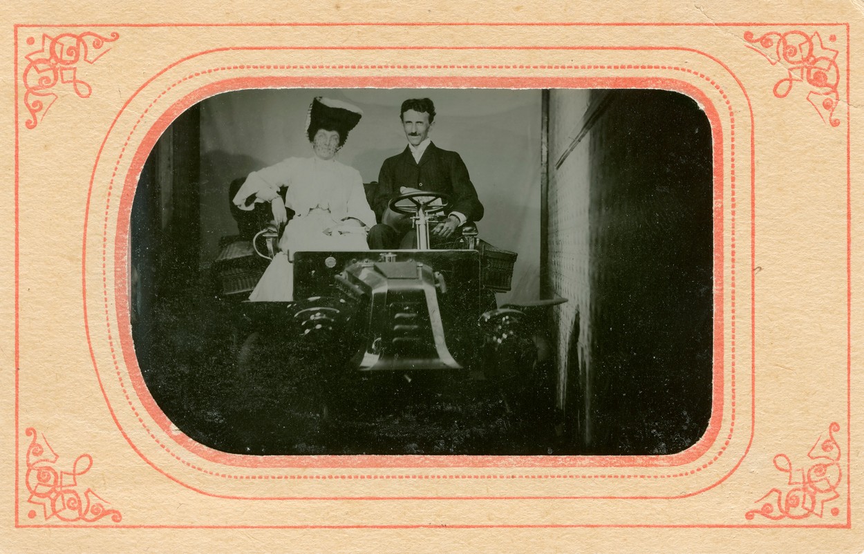 Nikola Tesla in a car