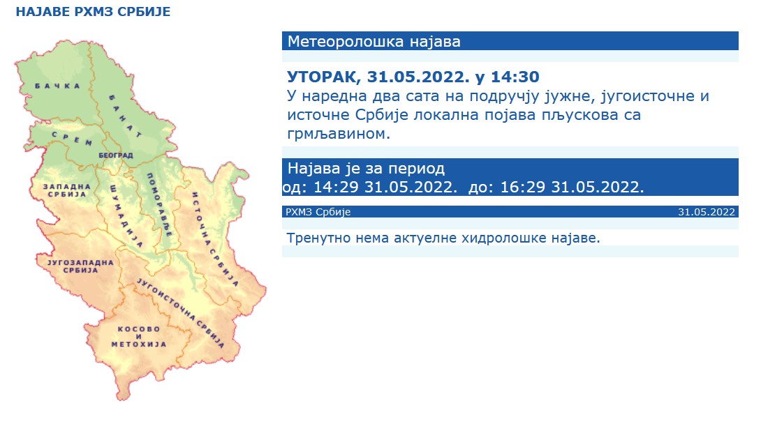 Vremenska prognoza, vreme, rhmz Srbije Foto: hidmet.gov.rs