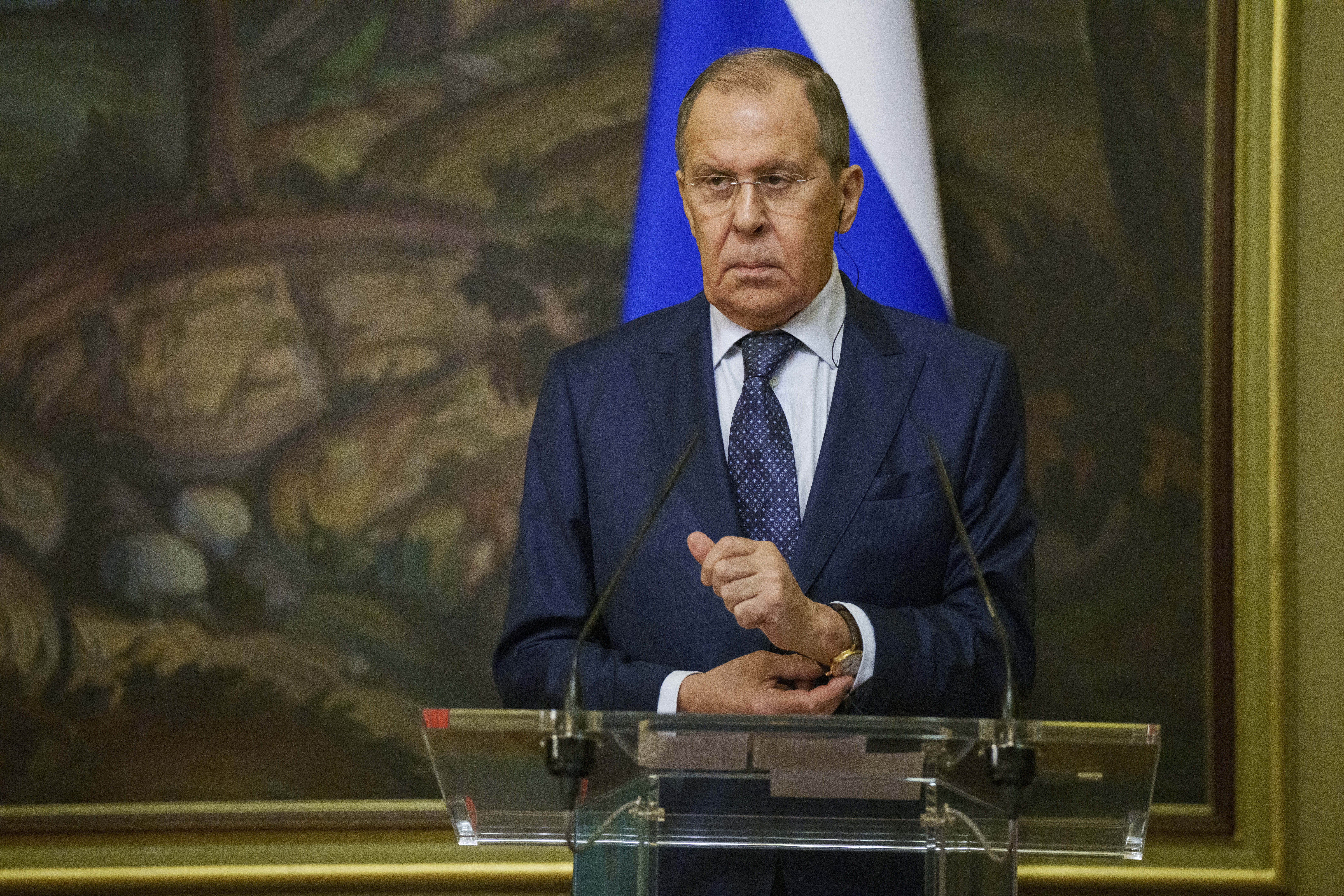 Russian Foreign Minister Sergey Lavrov attends a news conference during his meeting with Bolivia's Foreign Minister Rogelio Mayta in Moscow, Russia, Friday, Oct. 22, 2021. (AP Photo/Pavel Golovkin, pool)