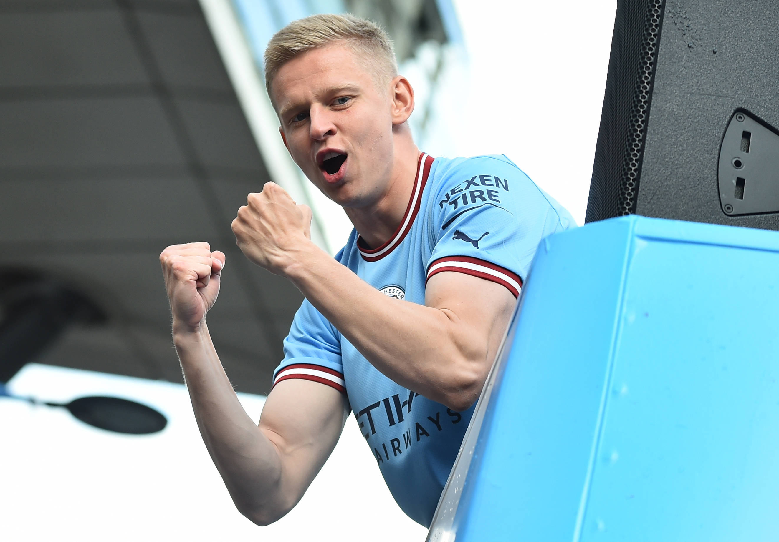 Manchester City team celebrate Premier League title