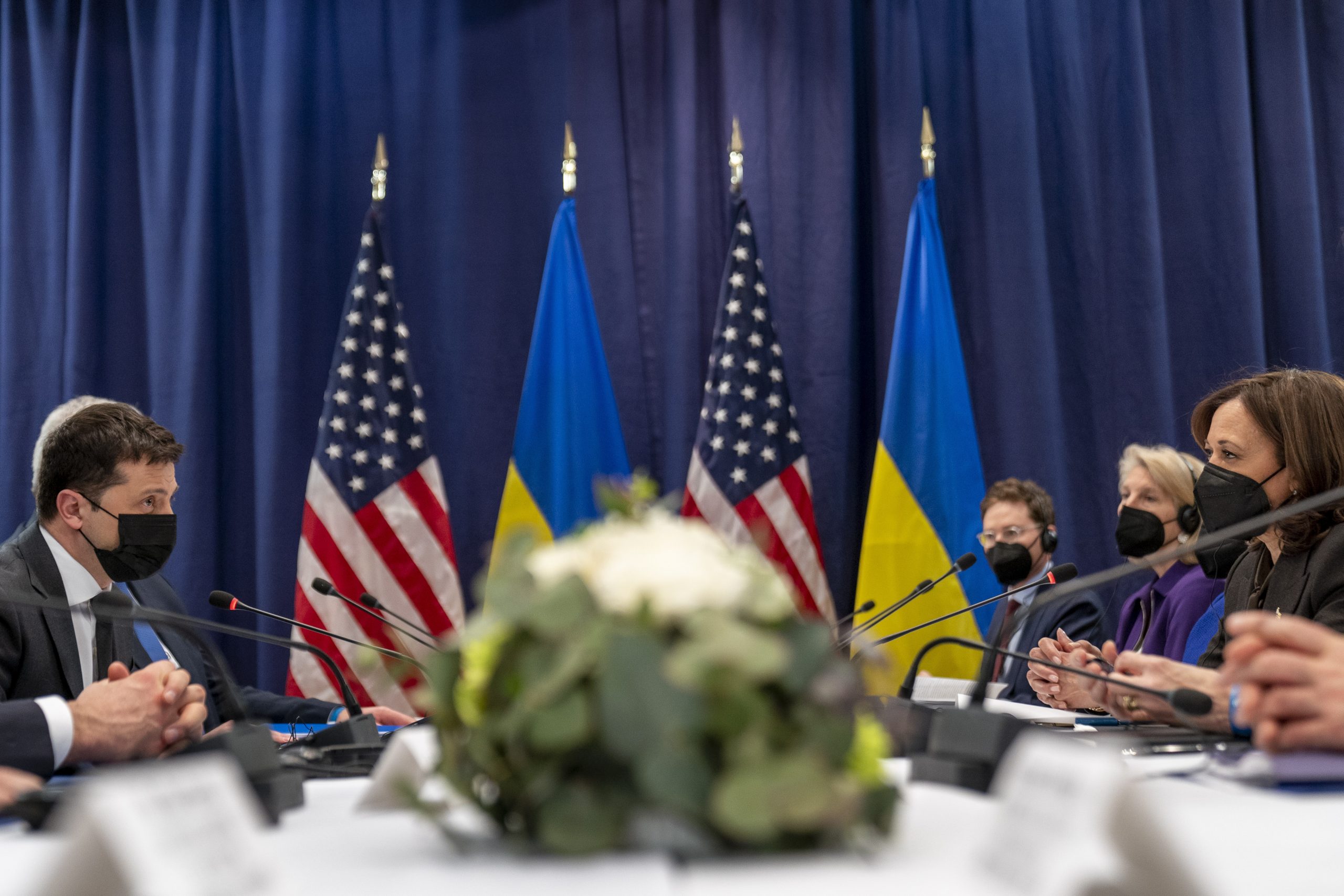 US Vice President Kamala Harris, right, meets with Ukrainian President Volodymyr Zelenskyy, left, during the Munich Security Conference, Saturday, Feb. 19, 2022, in Munich. (AP Photo/Andrew Harnik, Pool)
