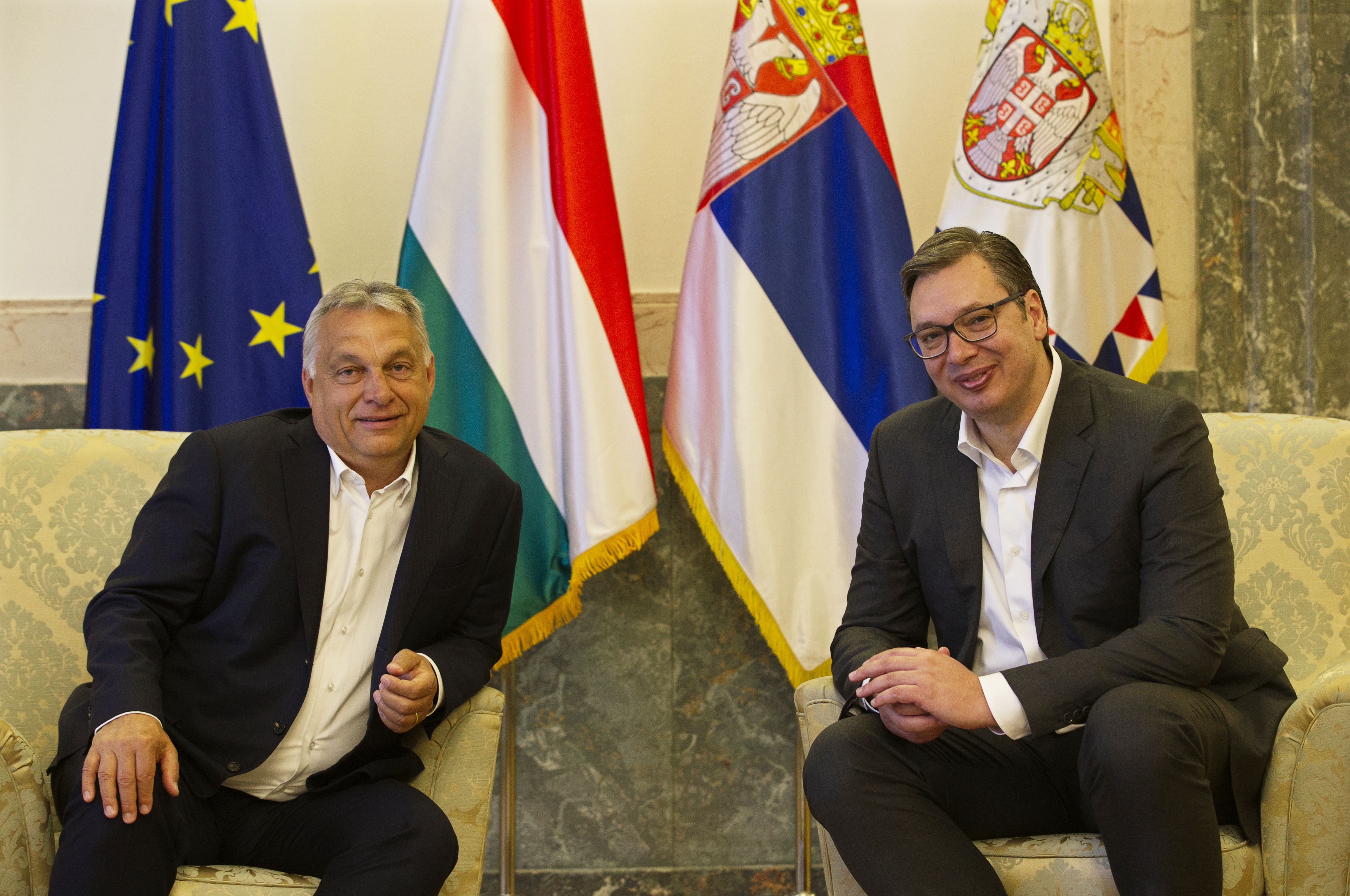 epa08423543 Serbian President Aleksandar Vucic (R) talks with Hungarian Prime Minister Viktor Orban (L) during their meeting in Belgrade, Serbia, 15 May 2020. Orban is on an official state visit to Serbia.  EPA-EFE/ANDREJ CUKIC