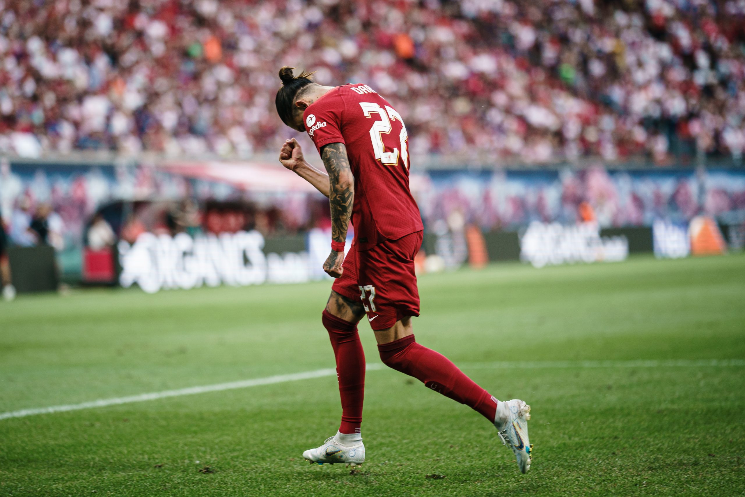 epa10085119 Liverpool?s Darwin Nunez celebrates after scoring the 0-3 goal during the pre-season international friendly soccer match between RB Leipzig and Liverpool FC in Leipzig, Germany, 21 July 2022.  EPA-EFE/CLEMENS BILAN