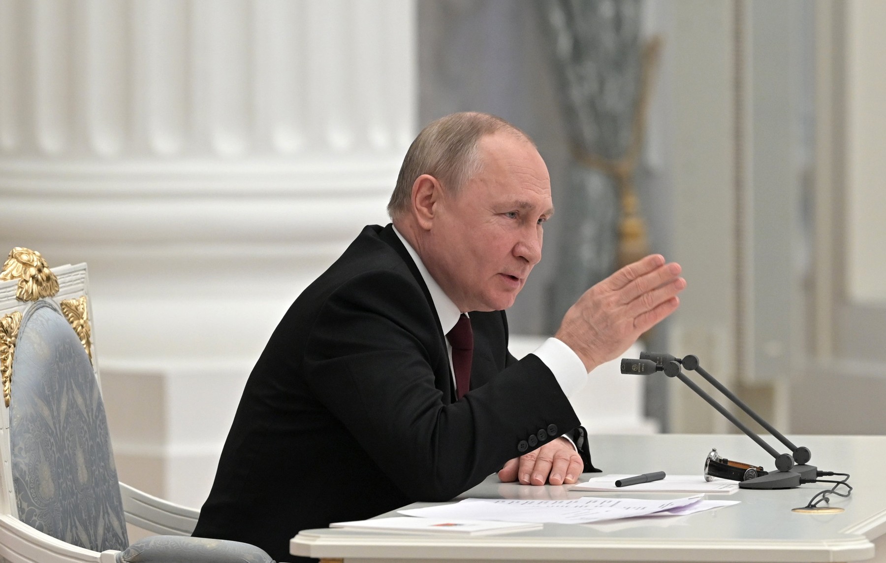 Russia President Vladimir Putin holds the Security Council meeting at the Kremlin on Monday Feb 21, 2022.,Image: 664037871, License: Rights-managed, Restrictions: , Model Release: no, Credit line: EPN/Newscom / Newscom / Profimedia