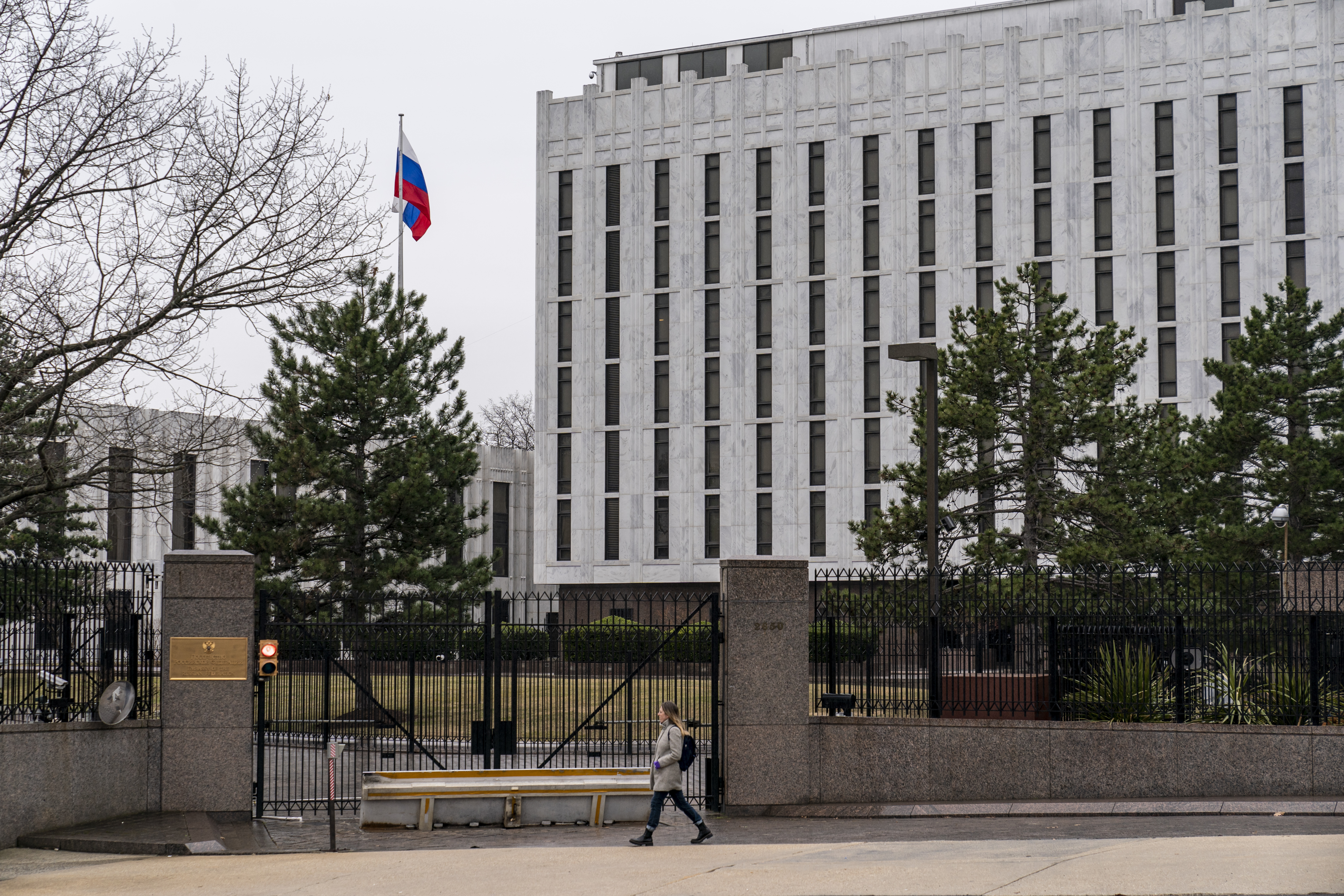 The Russian Embassy is seen in Washington, Thursday, Feb. 24, 2022, following the invasion of Ukraine on the order of Russian President Vladimir Putin. (AP Photo/J. Scott Applewhite)