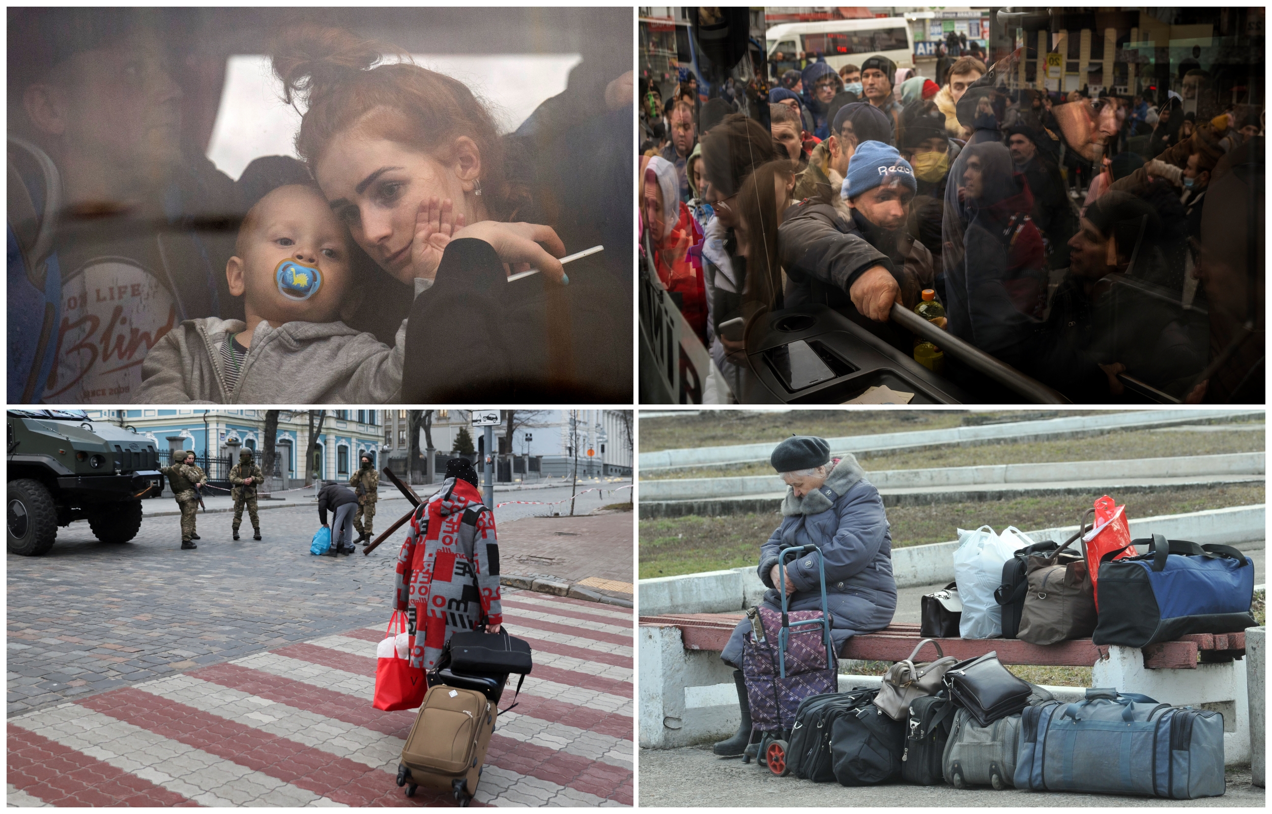 A woman holds her baby inside a bus as they leave Kyiv, Ukraine, Thursday, Feb. 24, 2022. Russia launched a wide-ranging attack on Ukraine on Thursday, hitting cities and bases with airstrikes or shelling, as civilians piled into trains and cars to flee.