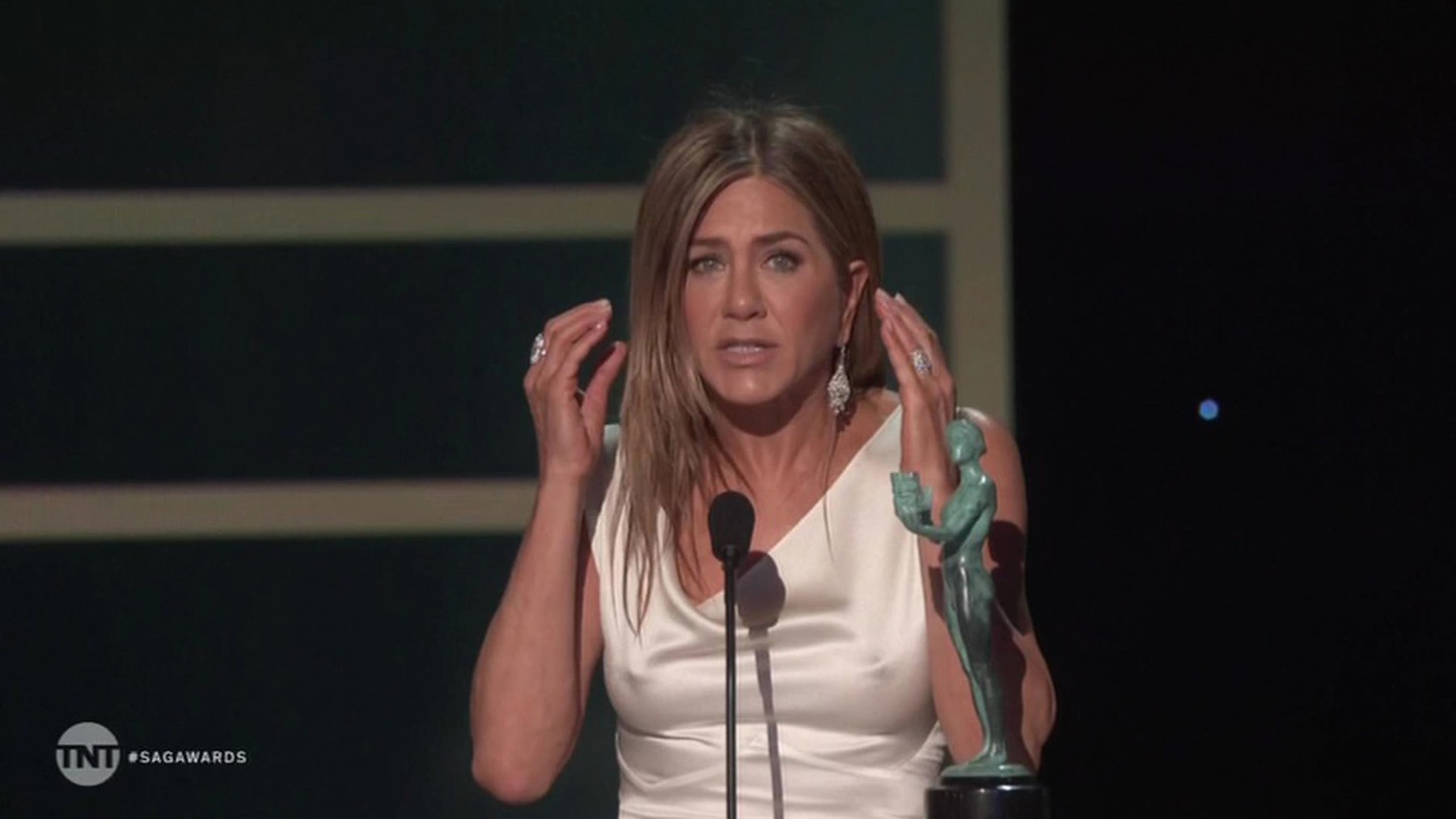 Jennifer Aniston looks completely stunned as she wins Best Actress in a Drama Series for The Morning Show at the SAG Awards