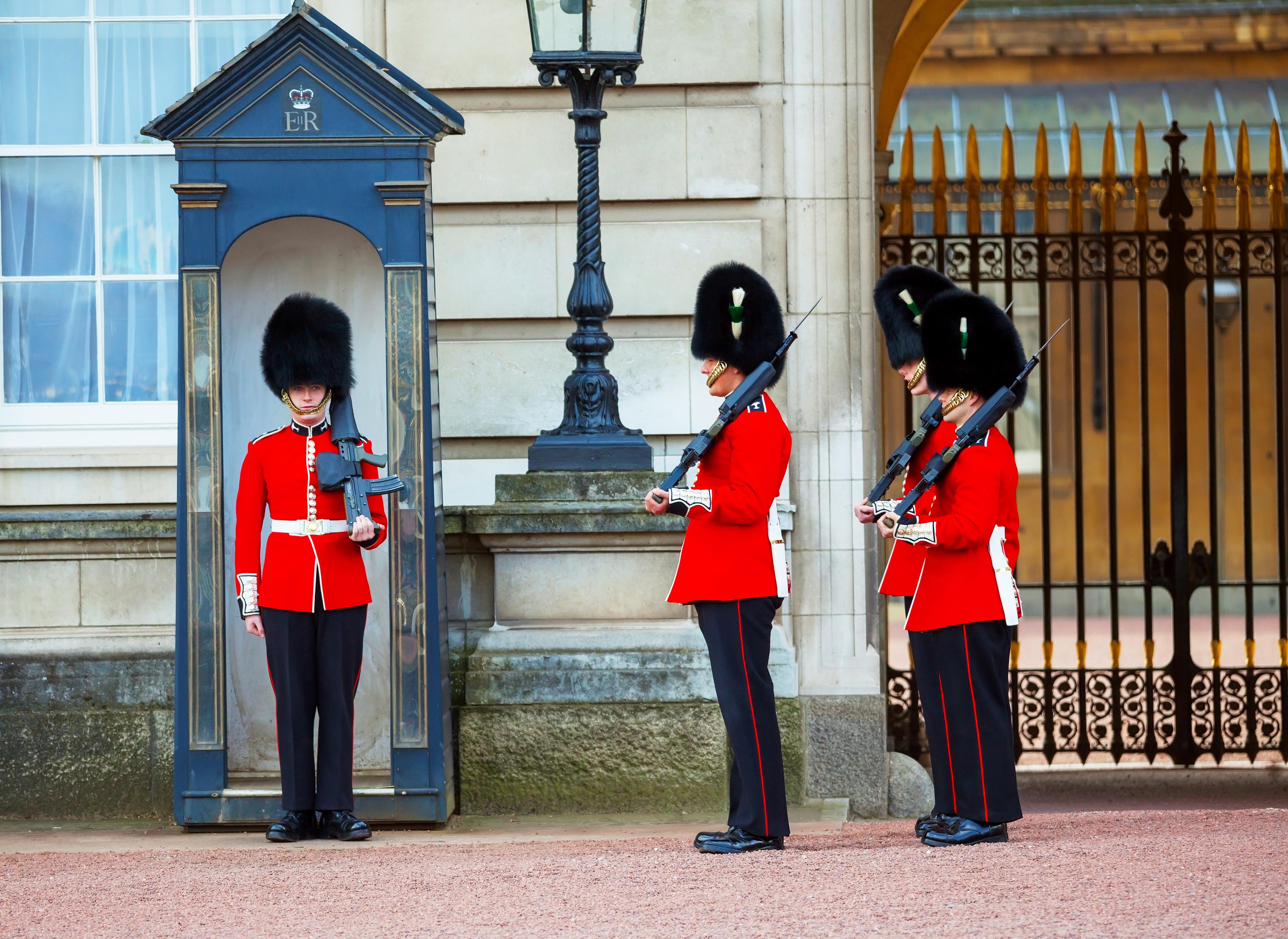 LONDON - APRIL 13: Queen's Guards at the Buckingham palace on April 13, 2015 in London, UK.