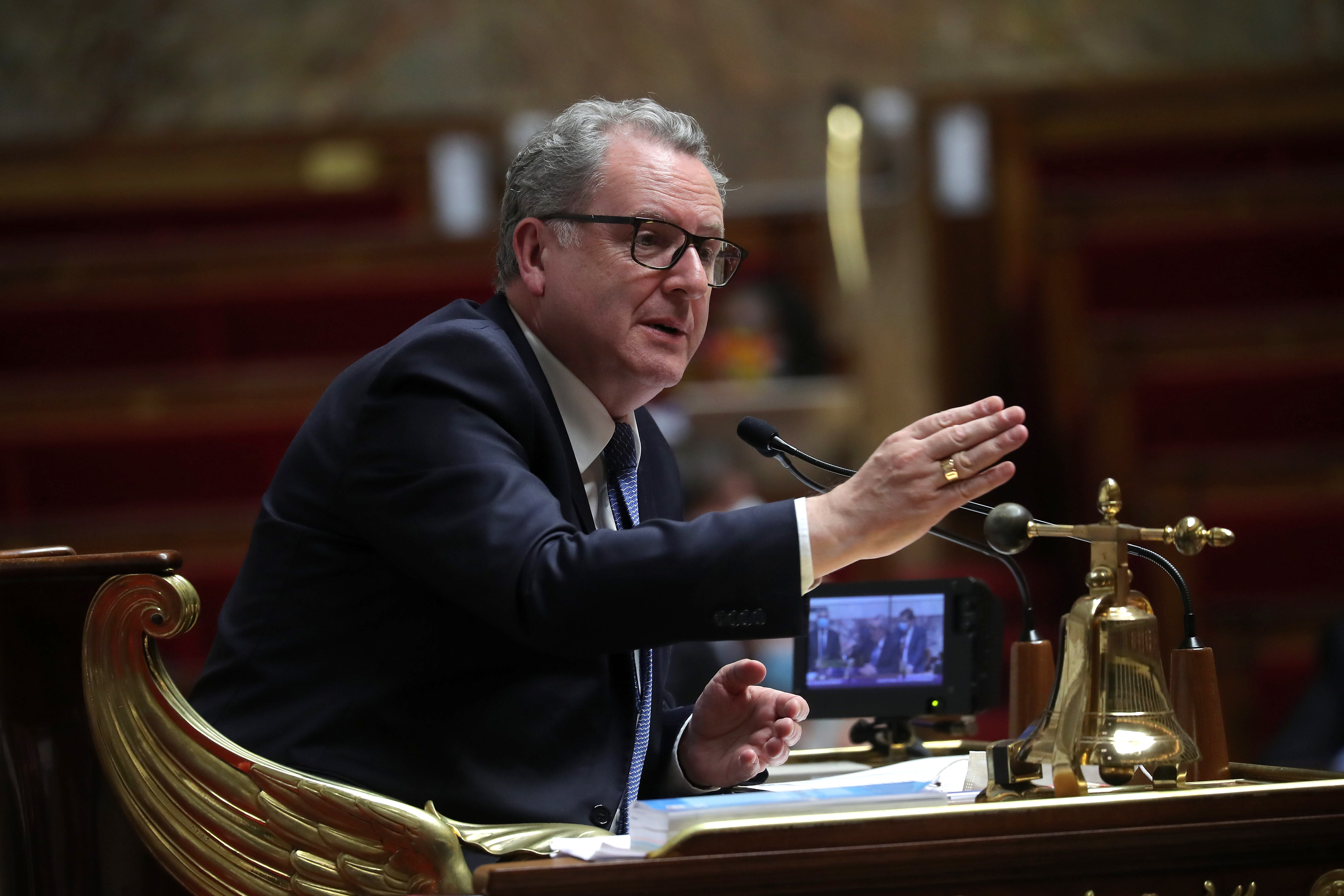 epa08570739 French Parliament President Richard Ferrand during the weekly session of questions to the government at the National Assembly in Paris, France, 28 July 2020.  EPA-EFE/CHRISTOPHE PETIT TESSON