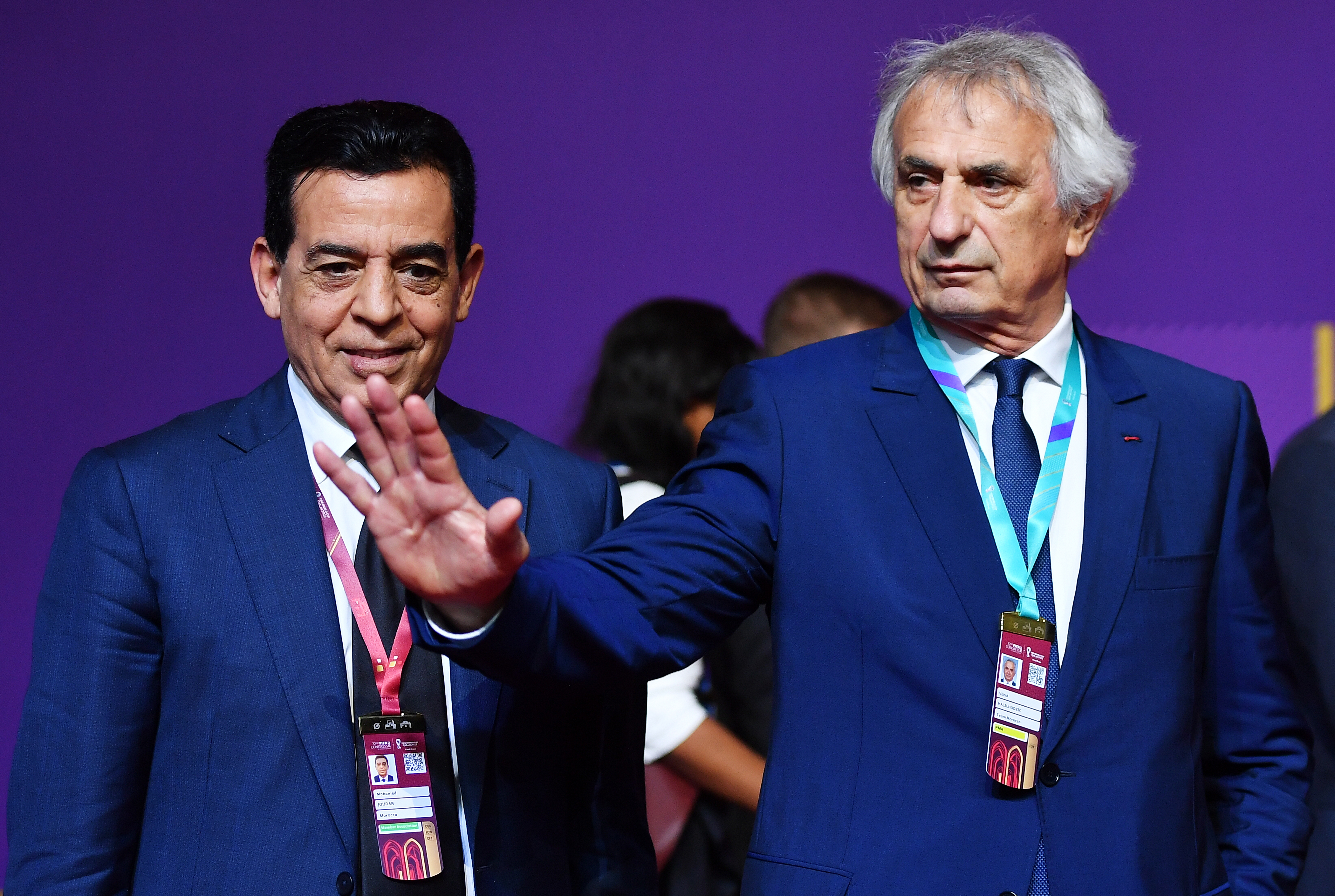 epa09863845 Head coach of the Moroccan national soccer team Vahid Halilhodzic (R) and member of the Moroccan delegation Mohamed Joudar arrive for the main draw for the FIFA World Cup 2022 in Doha, Qatar, 01 April 2022.  EPA-EFE/NOUSHAD THEKKAYIL
