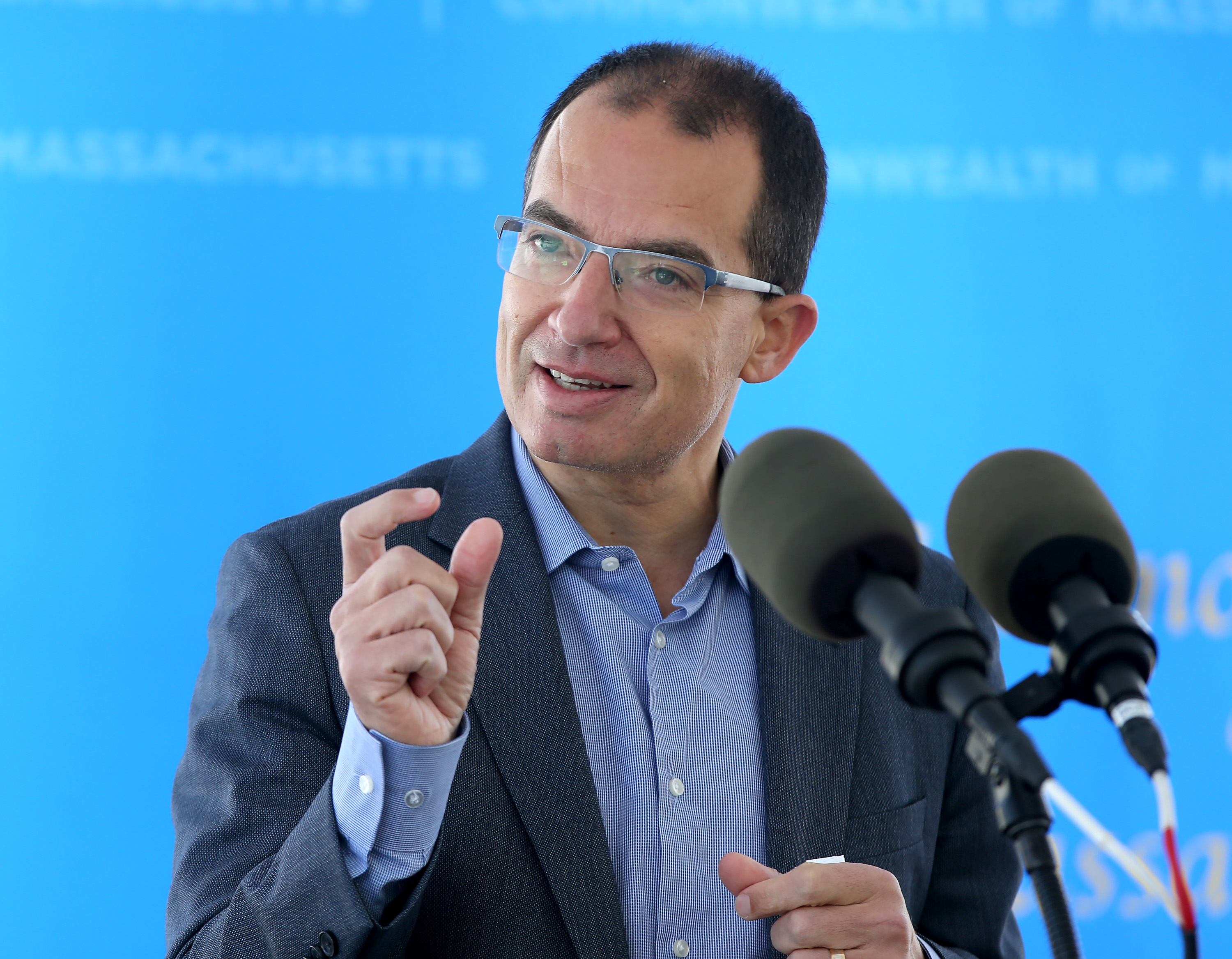 epa09195479 Stephane Bancel, CEO of Moderna, speaks to the media after Massachustts Governor Charlie Baker toured the Moderna facility in Norwood, Massachusetts, USA, 12 May 2021.  EPA-EFE/NANCY LANE / POOL