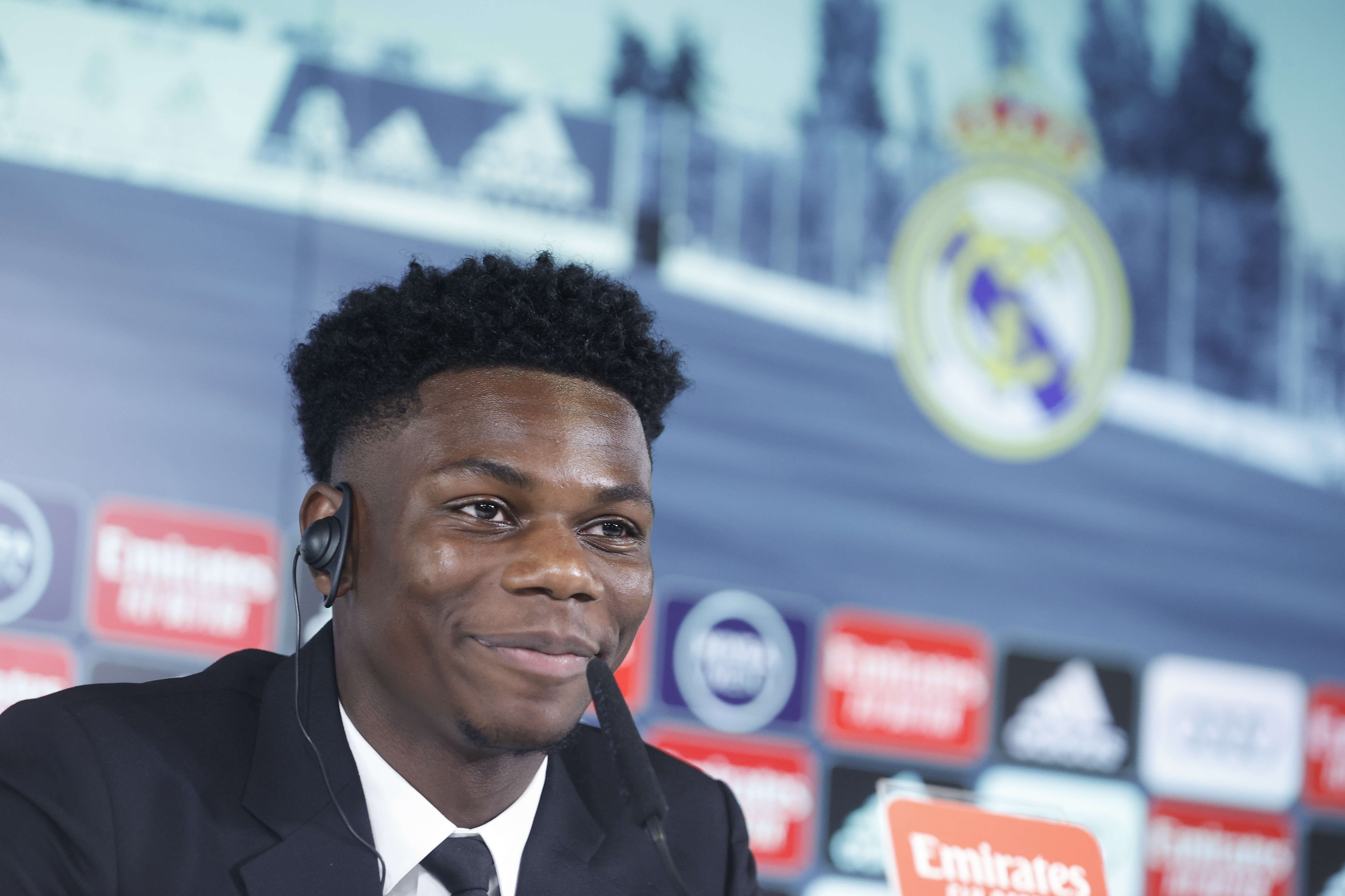 epa10012228 Real Madrid's new French soccer player Aurelien Tchouameni speaks during his official presentation at Valdebebas City in Madrid, Spain, 14 June 2022.  EPA-EFE/Emilio Naranjo