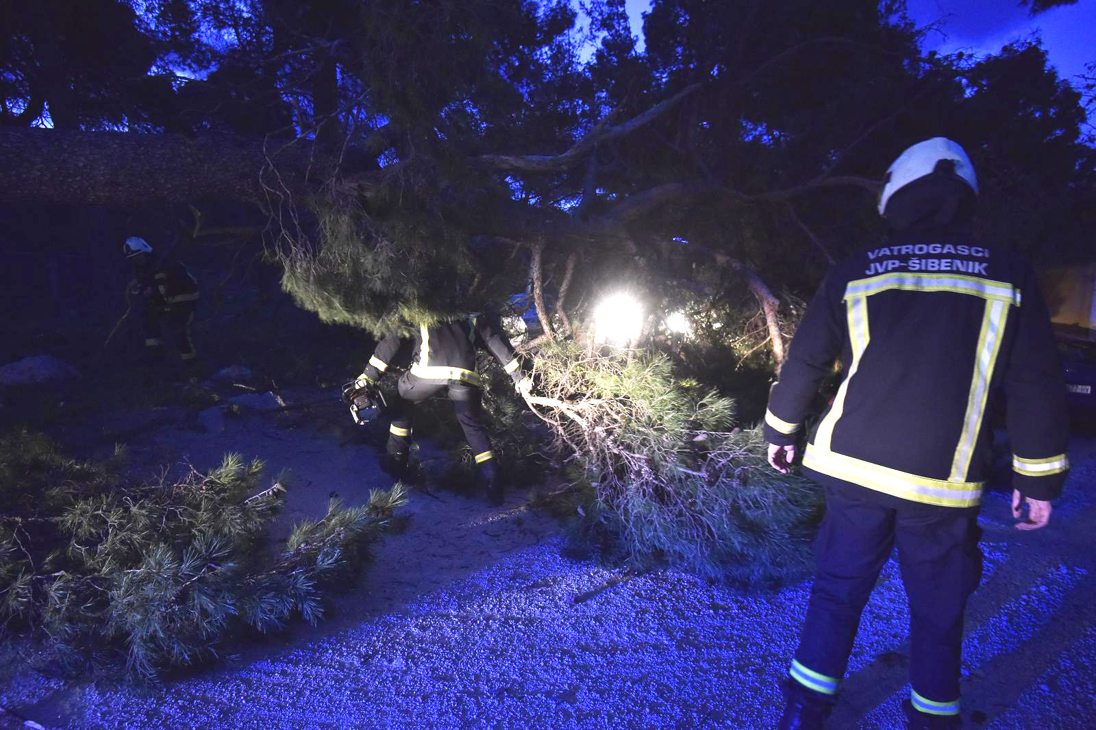 11.01.2022., Sibenik - Zbog olujne bure vatrogasci i policija imali su pune ruke posla. Na Subicevcu su izvlacili vozila ispod srusenih stabala.  Photo: Hrvoje Jelavic/PIXSELL
