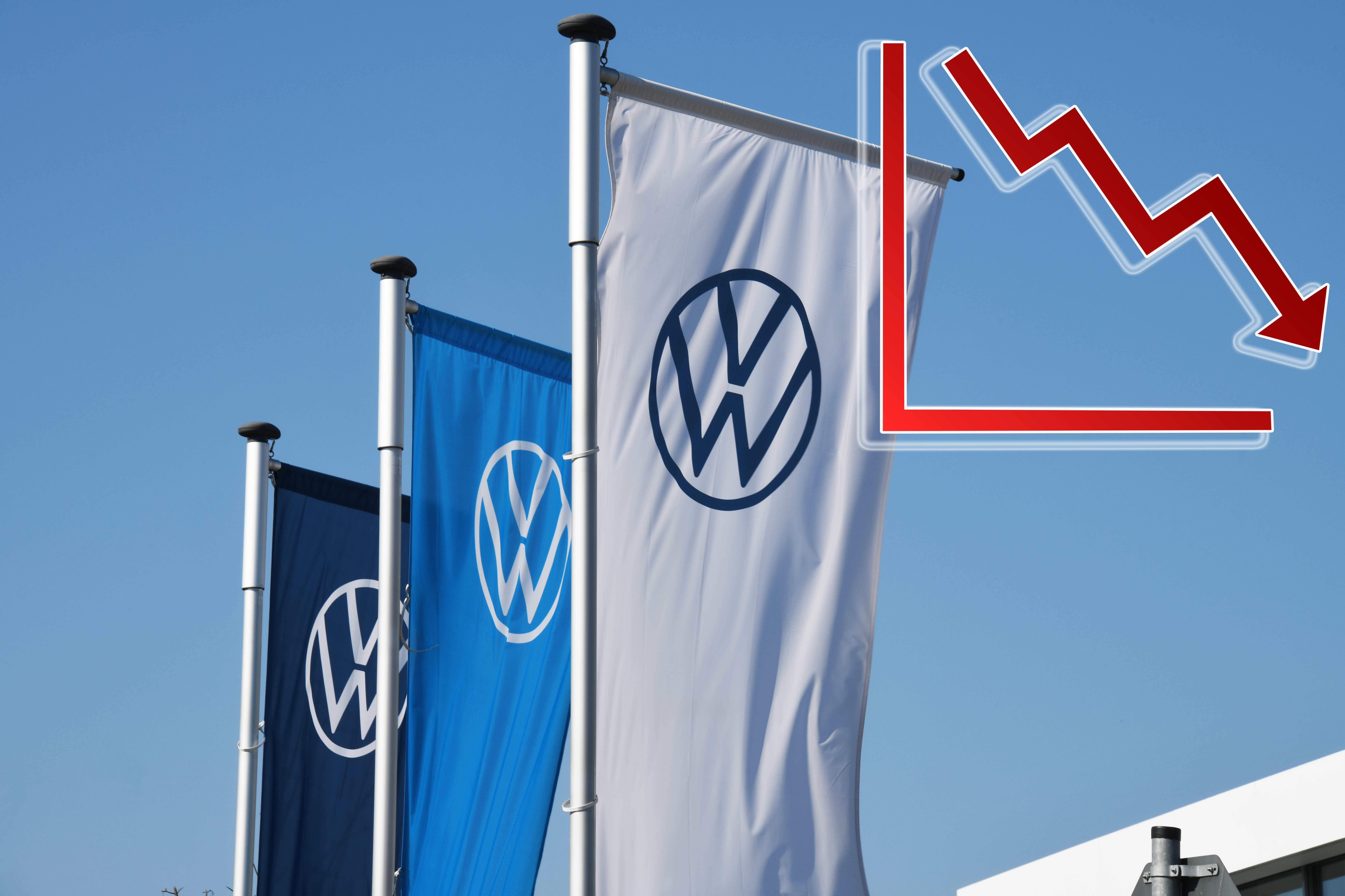 Hanover, Lower Saxony / Germany - April 5, 2020: Flags with the new logo of Volkswagen AG in Hanover, Germany - VW is one of the world's leading manufacturers of automobiles Volkswagen, Porsche, berza