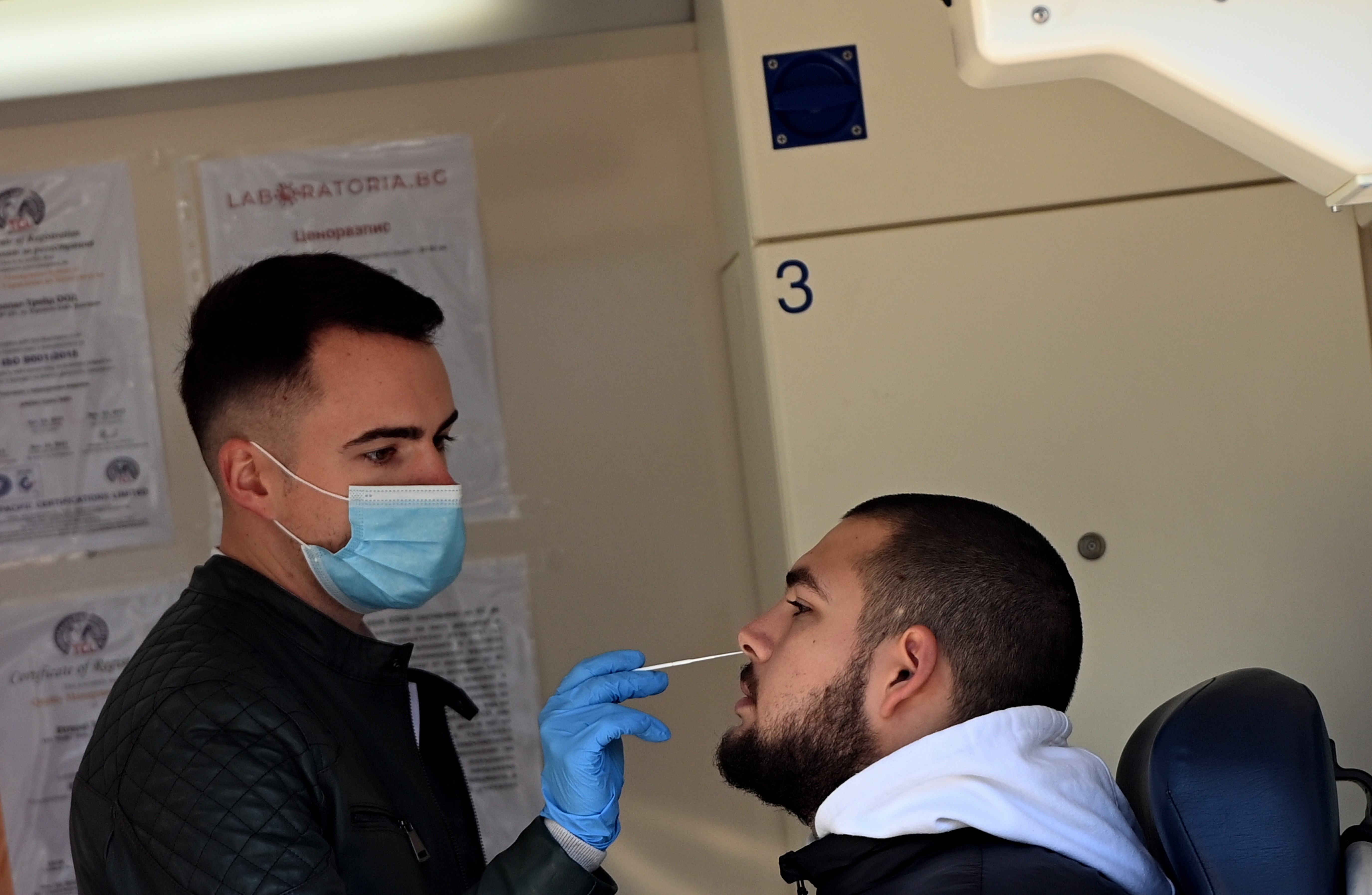 An antigen COVID-19 test at mobile laboratory in Bulgaria