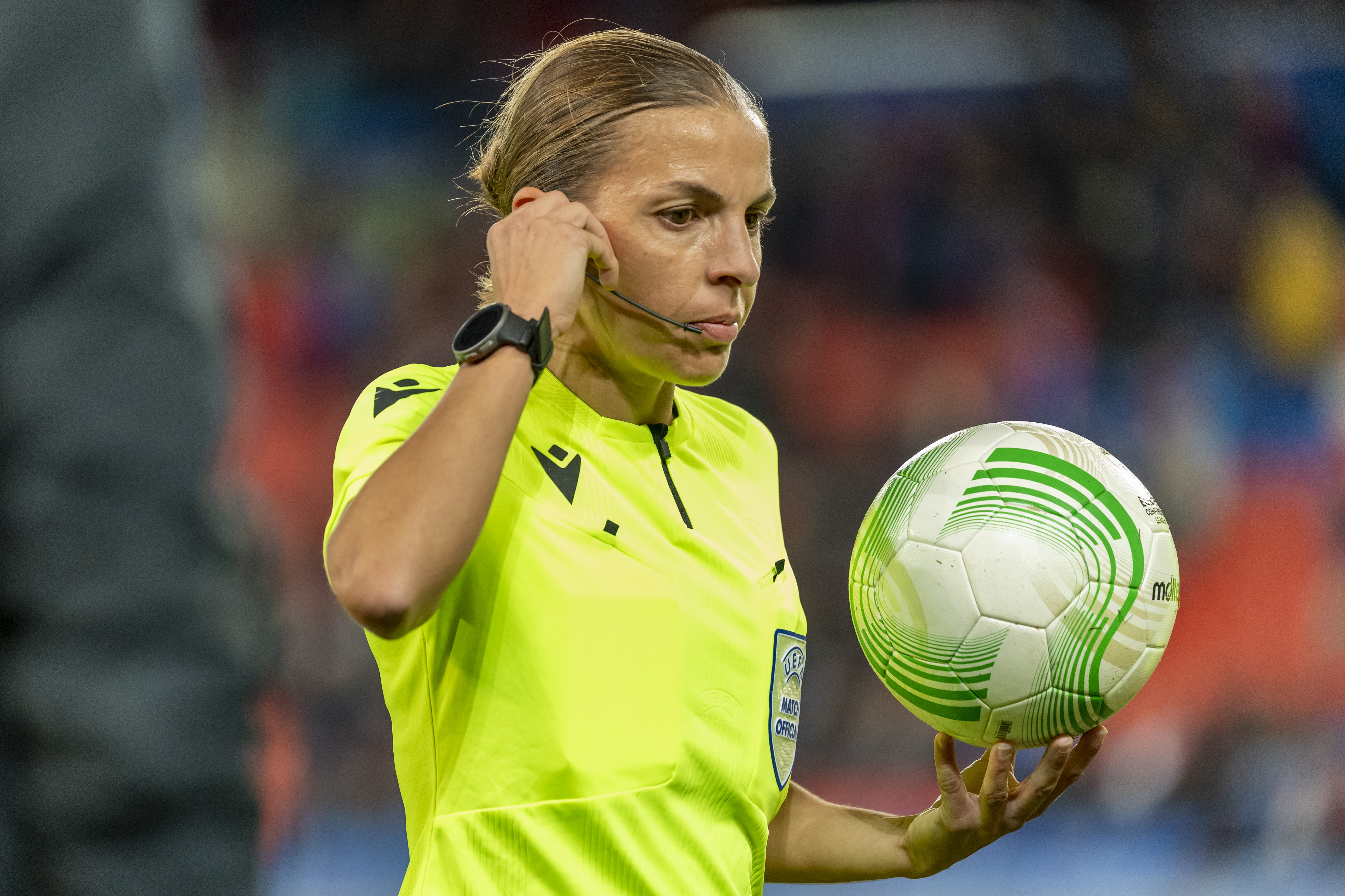 epa09537422 French referee Stephanie Frappart reacts during the UEFA Conference League group H soccer match between FC Basel 1893 and Omonoia Nicosia at the St. Jakob-Park stadium in Basel, Switzerland, 21 October 2021.  EPA-EFE/GEORGIOS KEFALAS