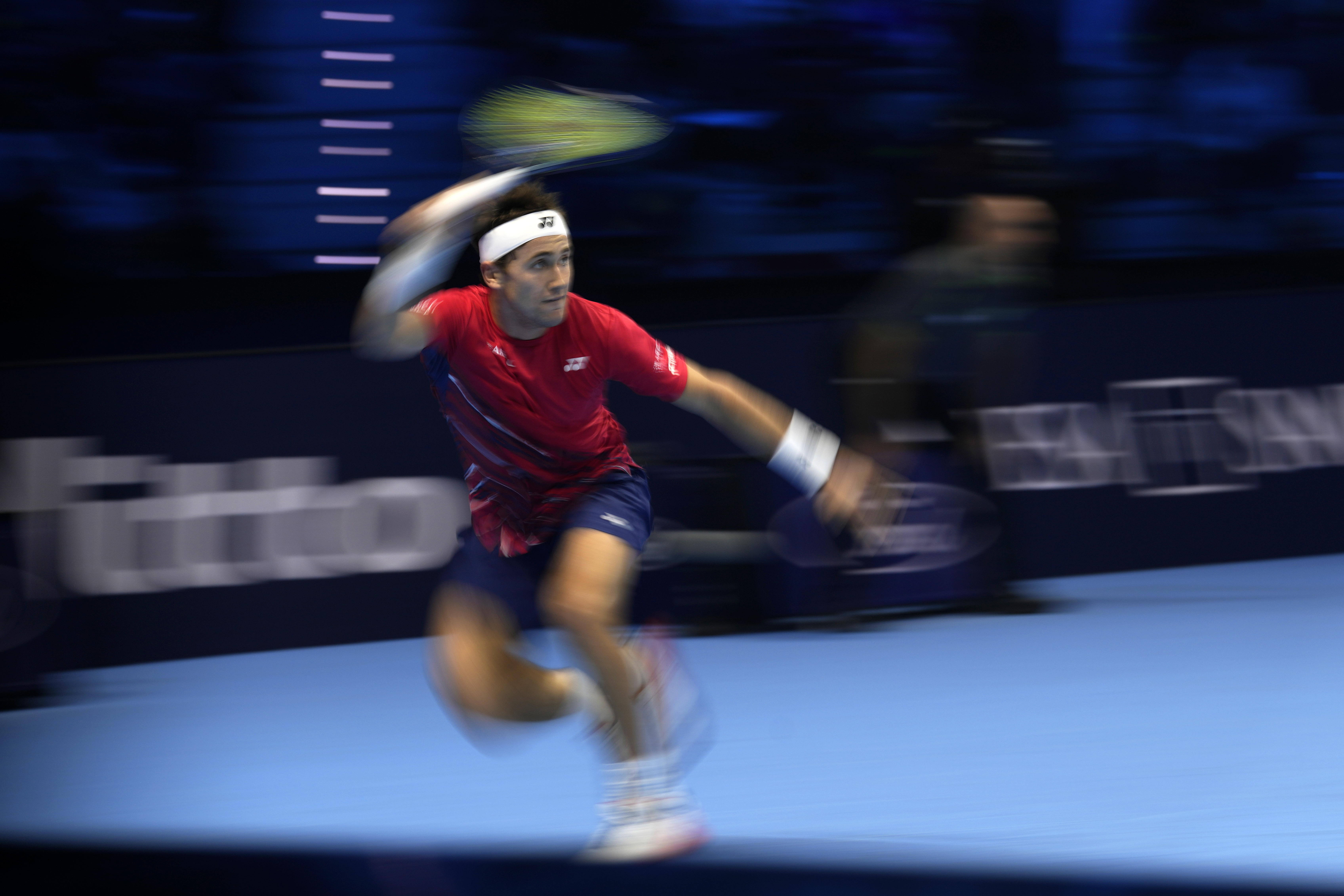 Norway's Casper Ruud returns the ball to Serbia's Novak Djokovic during their singles final tennis match of the ATP World Tour Finals at the Pala Alpitour, in Turin, Italy, Sunday, Nov. 20, 2022. (AP Photo/Antonio Calanni)