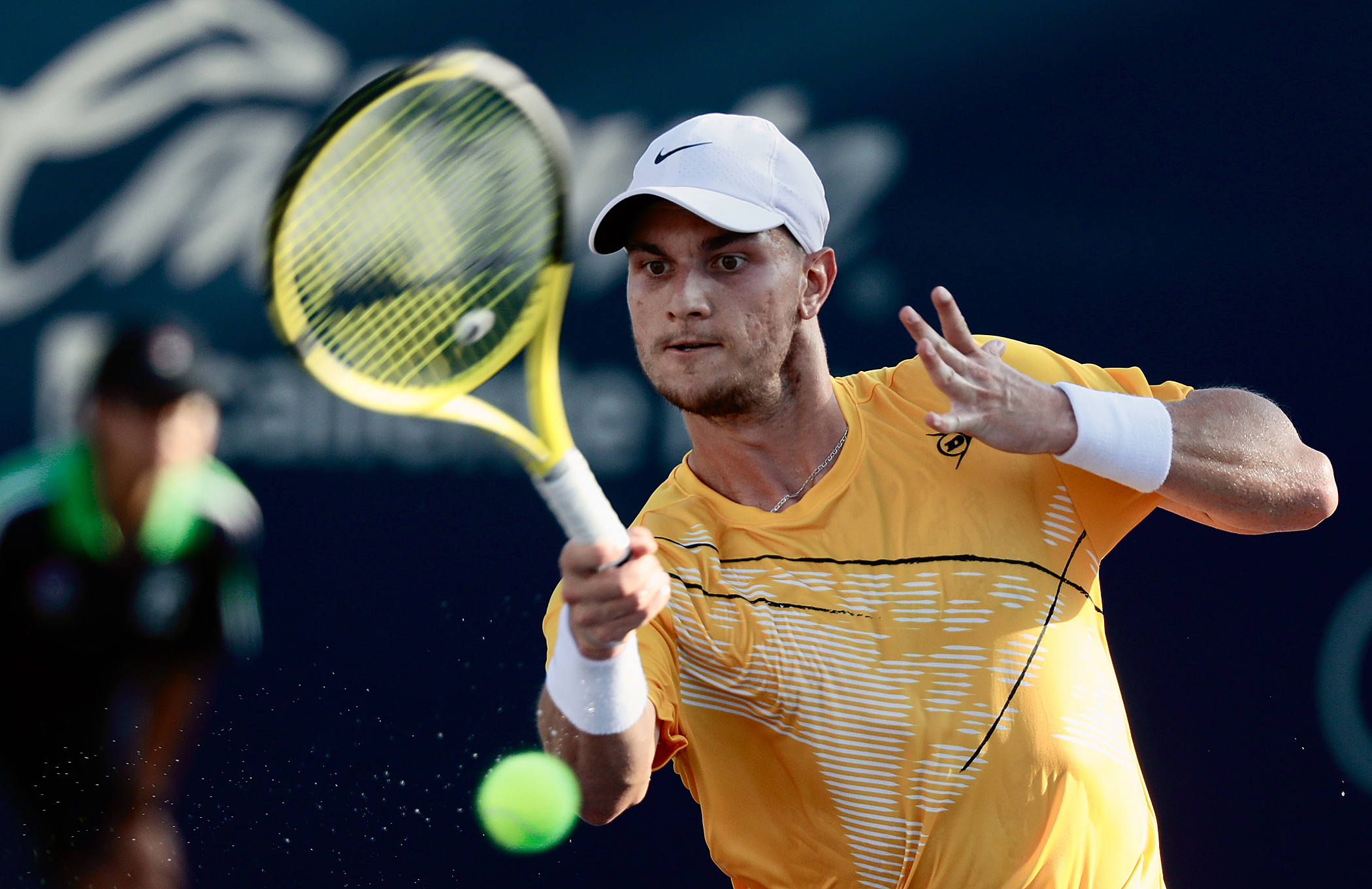 epa10106577 Miomir Kecmanovic of Serbia in action against Brandon Nakashima of the USA during the Los Cabos Open tennis tournament in Los Cabos, Baja California Sur, Mexico, 04 August 2022.  EPA-EFE/Jorge Reyes