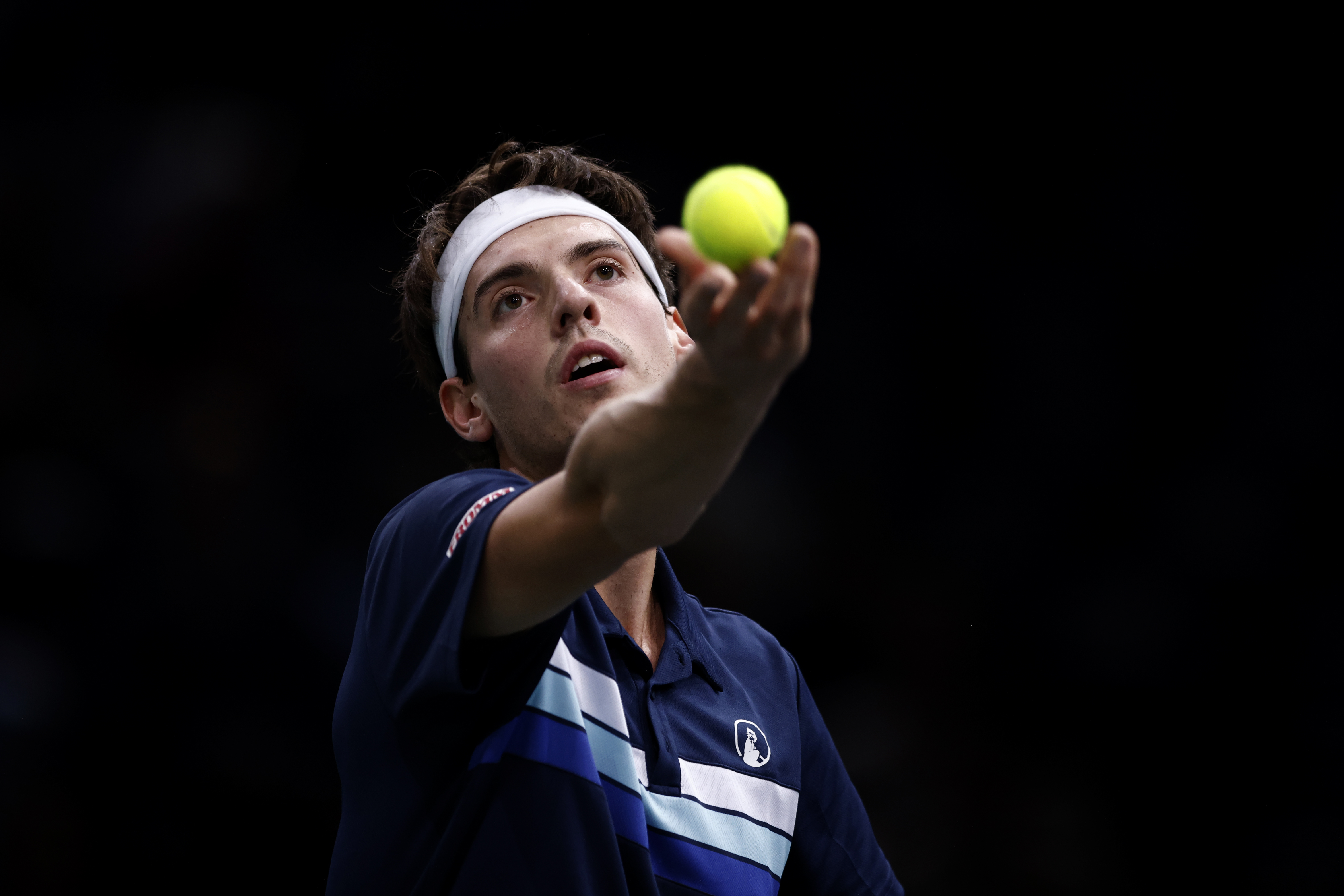 epa10277251 Marc-Andrea Huesler of Switzerland in action during his first round match against Jannick Sinner of Italy at the Rolex Paris Masters tennis tournament in Paris, France, 31 October 2022.  EPA-EFE/YOAN VALAT