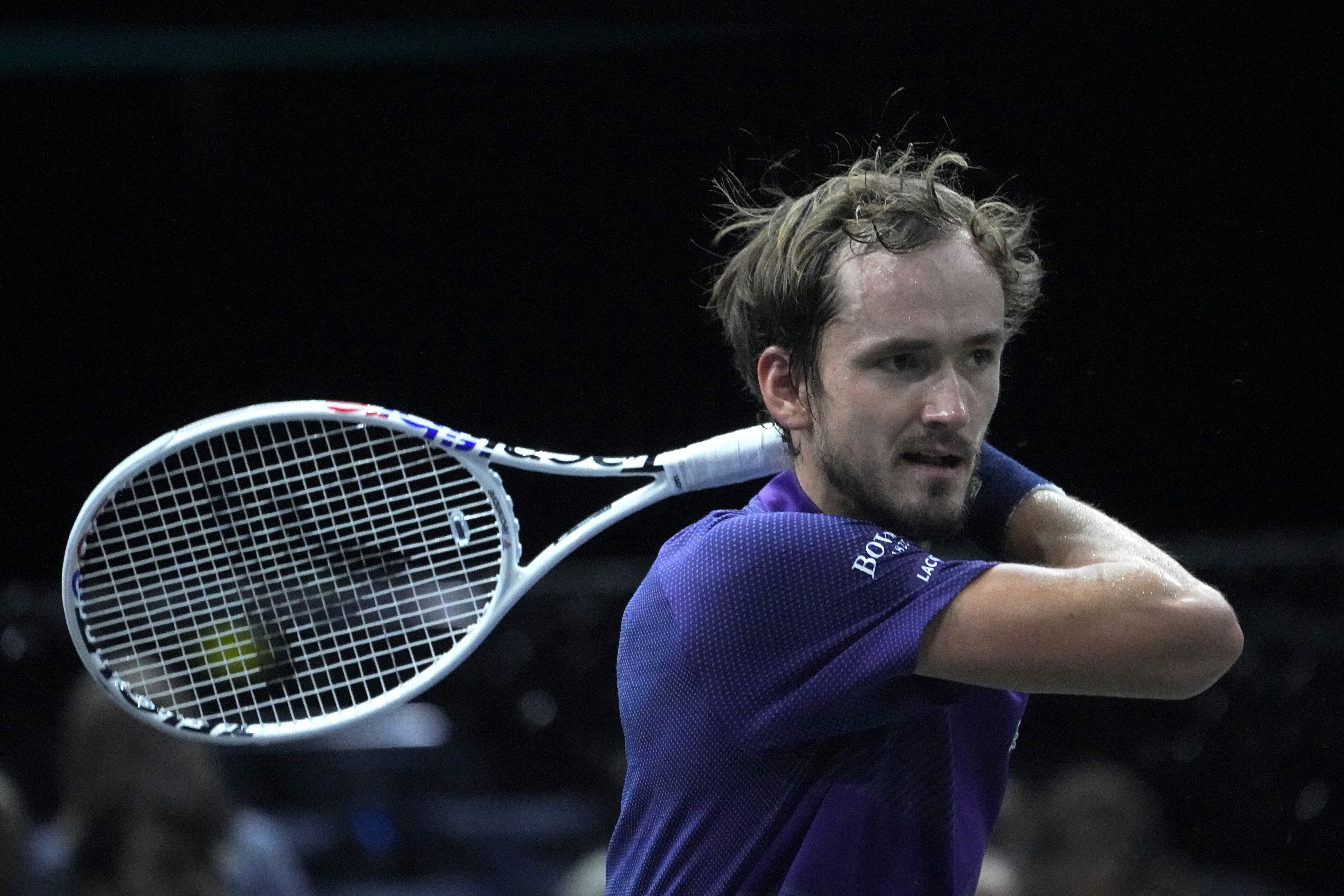 Daniil Medvedev, of Russia, slams a forehand to Alex de Minaur, of Australia, during the second round match of the Paris Masters tennis tournament at the Accor Arena, Wednesday, Nov. 2, 2022 in Paris. (AP Photo/Michel Euler)