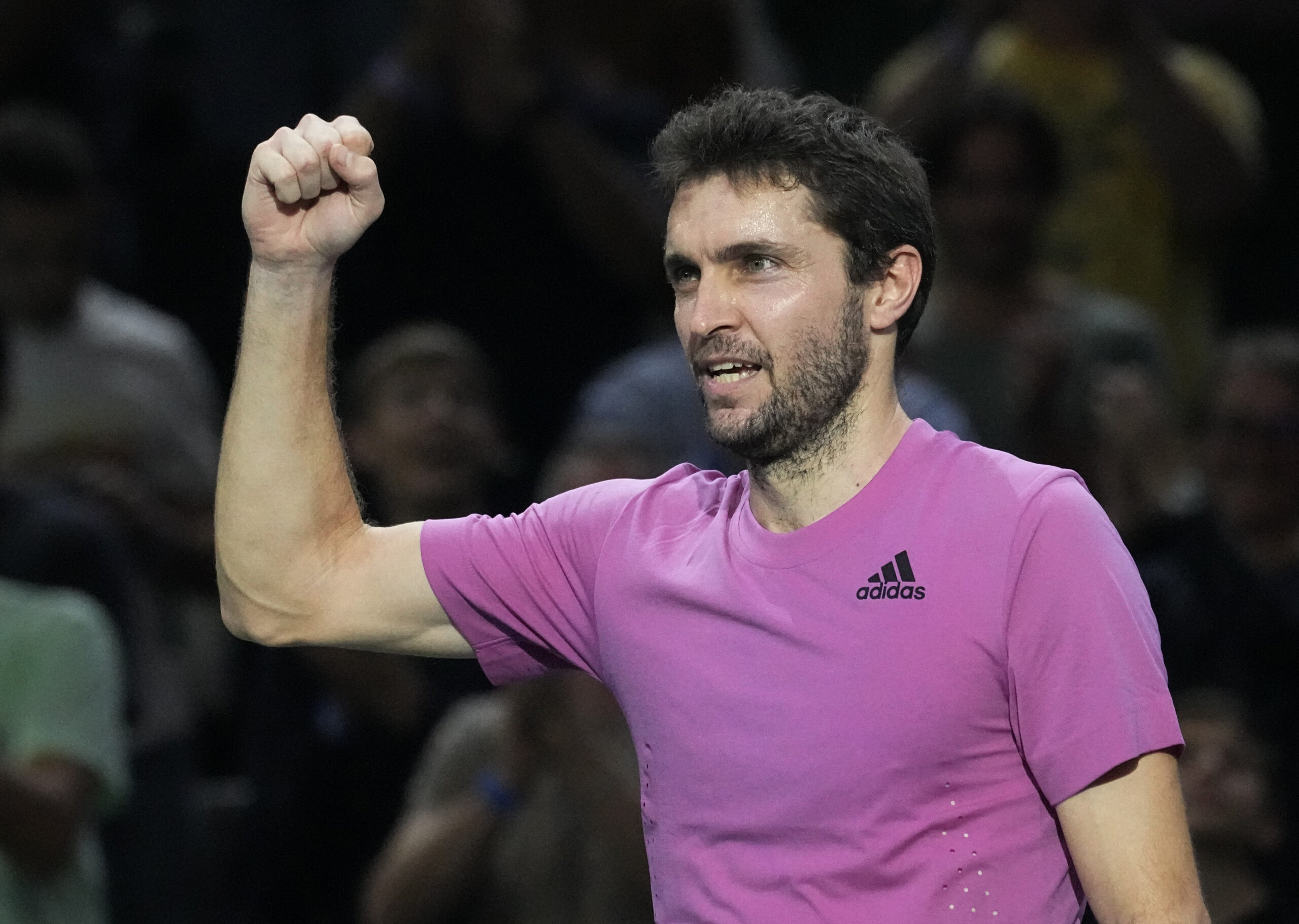 Gilles Simon of France reacts after defeating Taylor Fritz of the United States during their second round match of the Paris Masters tennis tournament at the Accor Arena, Wednesday, Nov. 2, 2022 in Paris. (AP Photo/Michel Euler)