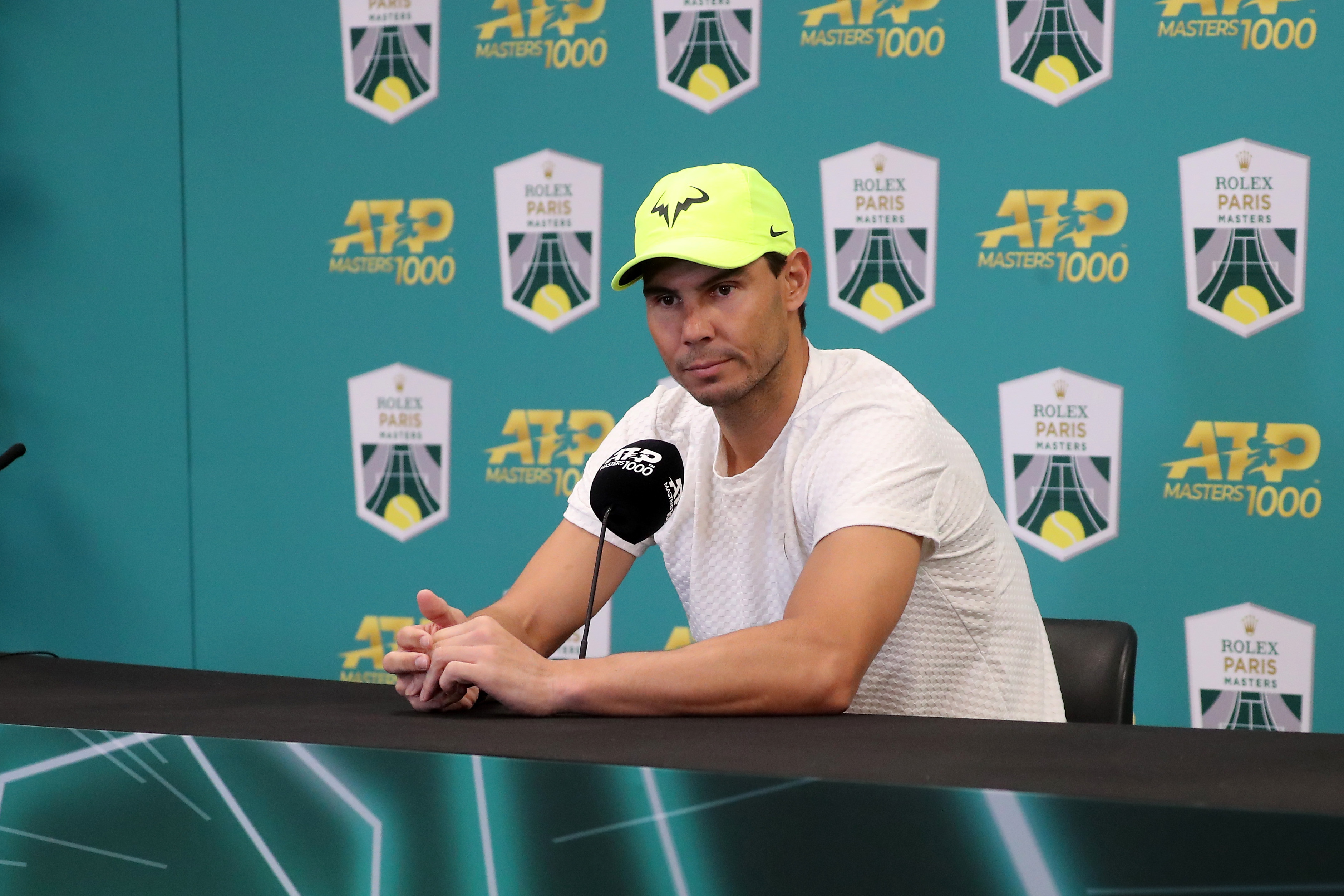 epa10278873 Rafael Nadal of Spain speaks to media during a press conference at the Rolex Paris Masters 2022 Tennis Tournament in Paris, France, 01 November 2022.  EPA-EFE/CHRISTOPHE PETIT TESSON