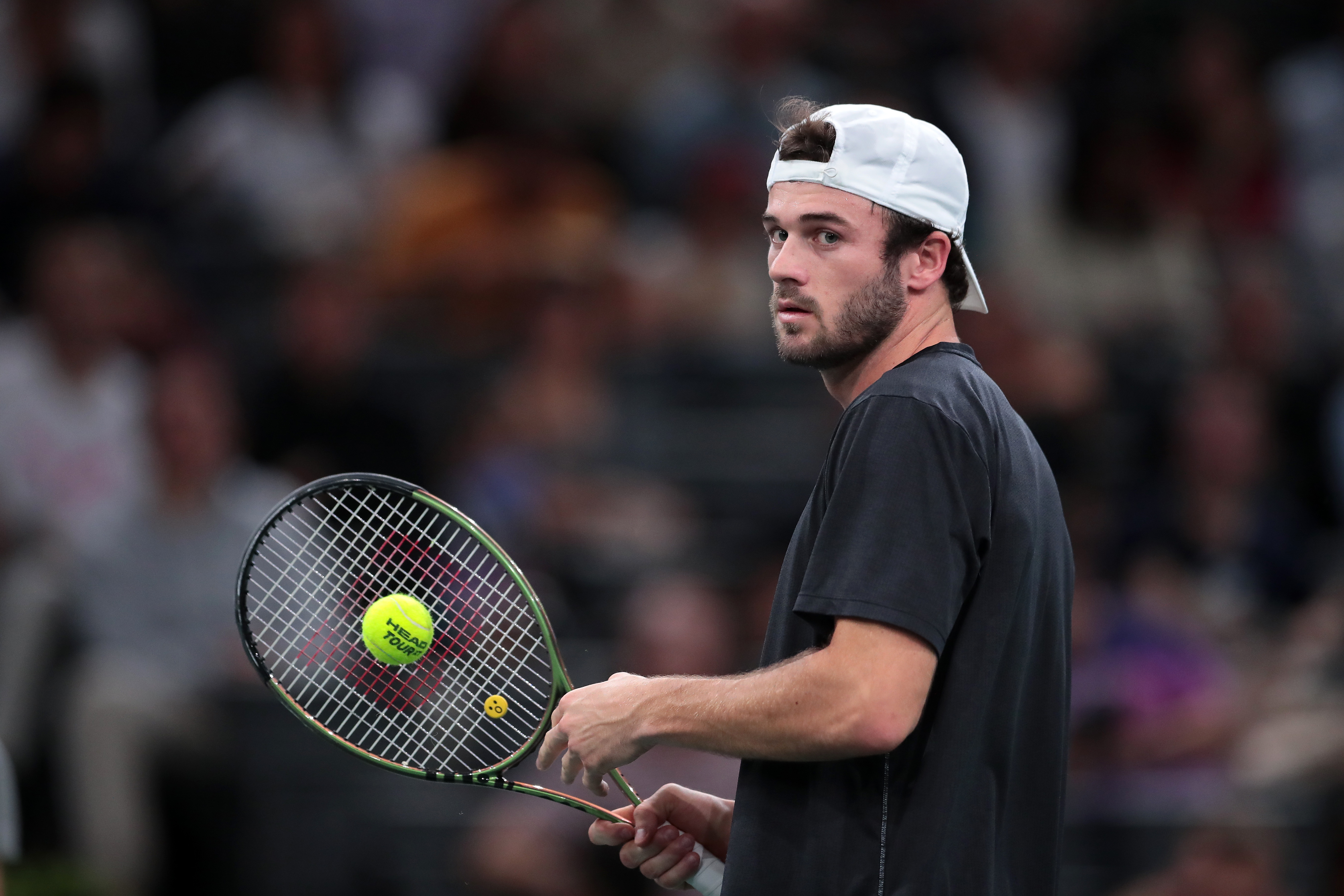 epa10284874 Tommy Paul of the USA in action during his match against Pablo Carreno Busta of Spain at the Rolex Paris Masters 2022 Tennis Tournament in Paris, France, 03 November 2022.  EPA-EFE/CHRISTOPHE PETIT TESSON