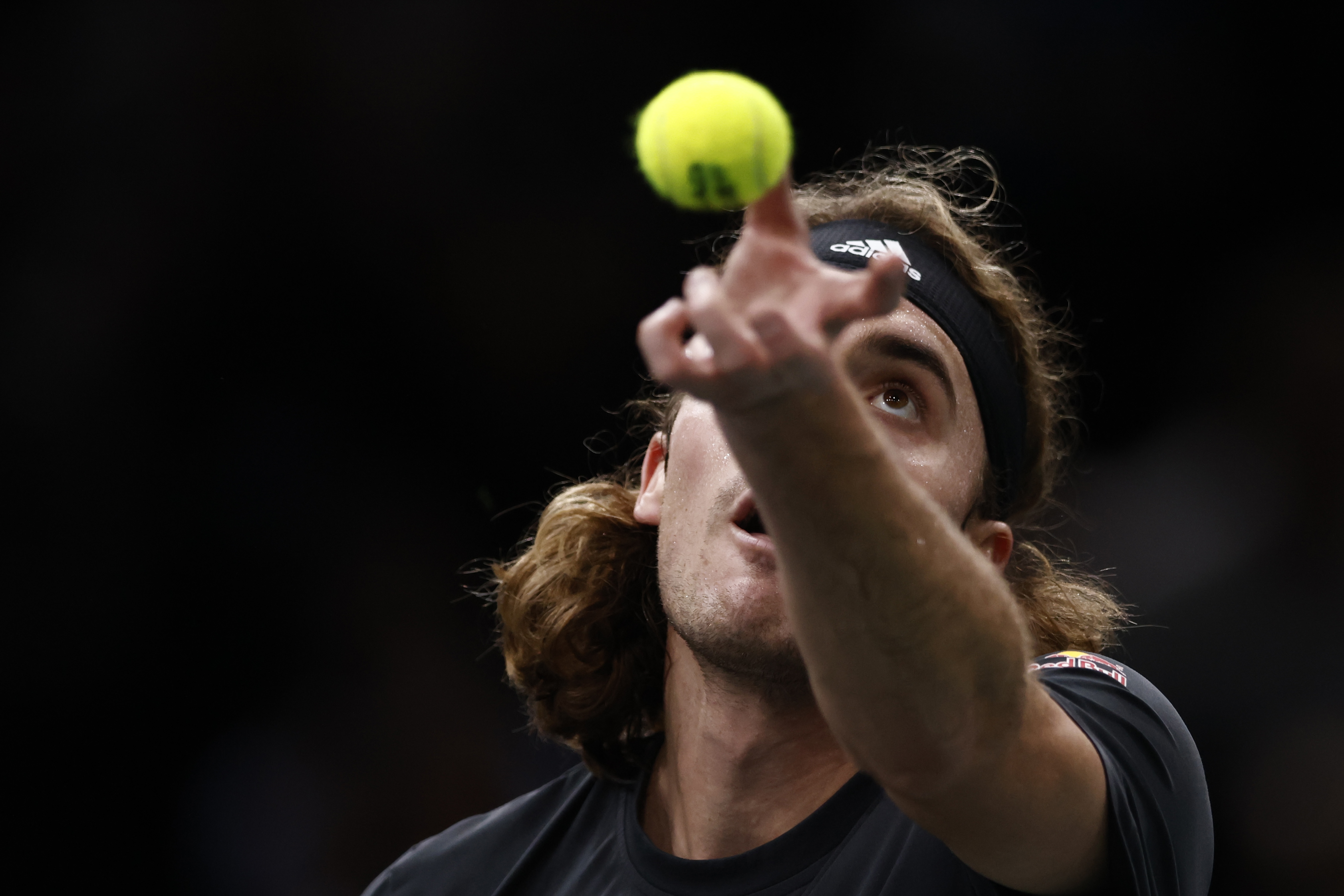 epa10286839 Stefanos Tsitsipas of Greece in action during his quarterfinal match against Tommy Paul of US at the Rolex Paris Masters tennis tournament in Paris, France, 04 November 2022.  EPA-EFE/YOAN VALAT