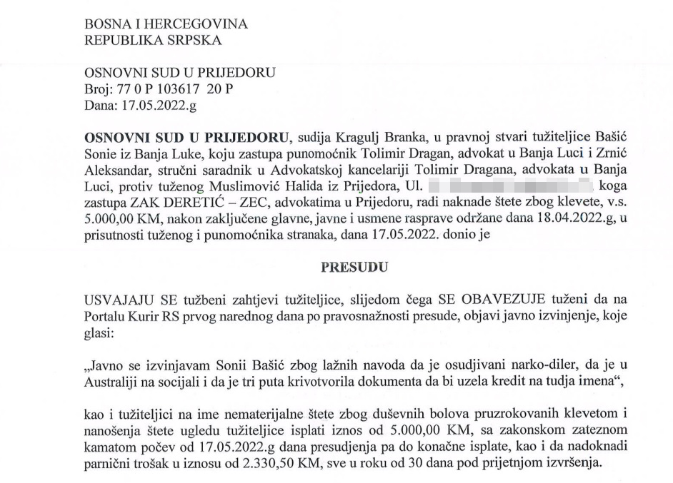 Sonja Bašić, presuda, dokument Foto: Privatna arhiva