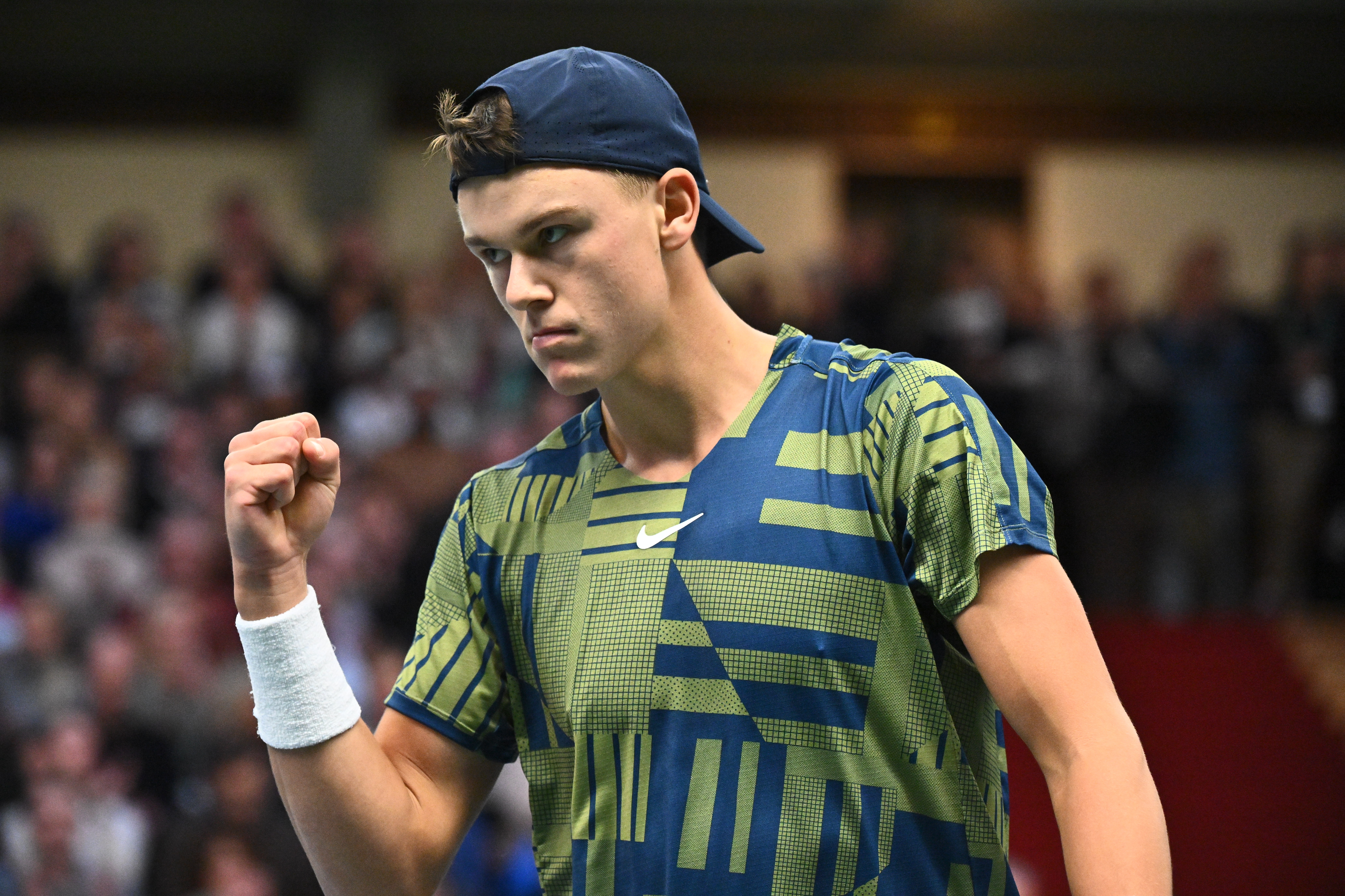 epa10261226 Holger Rune of Denmark reacts during the final match against Stefanos Tsitsipas of Greece at the Stockholm Open tennis tournament in Stockholm, Sweden, 23 October 2022.  EPA-EFE/Claudio Bresciani SWEDEN OUT