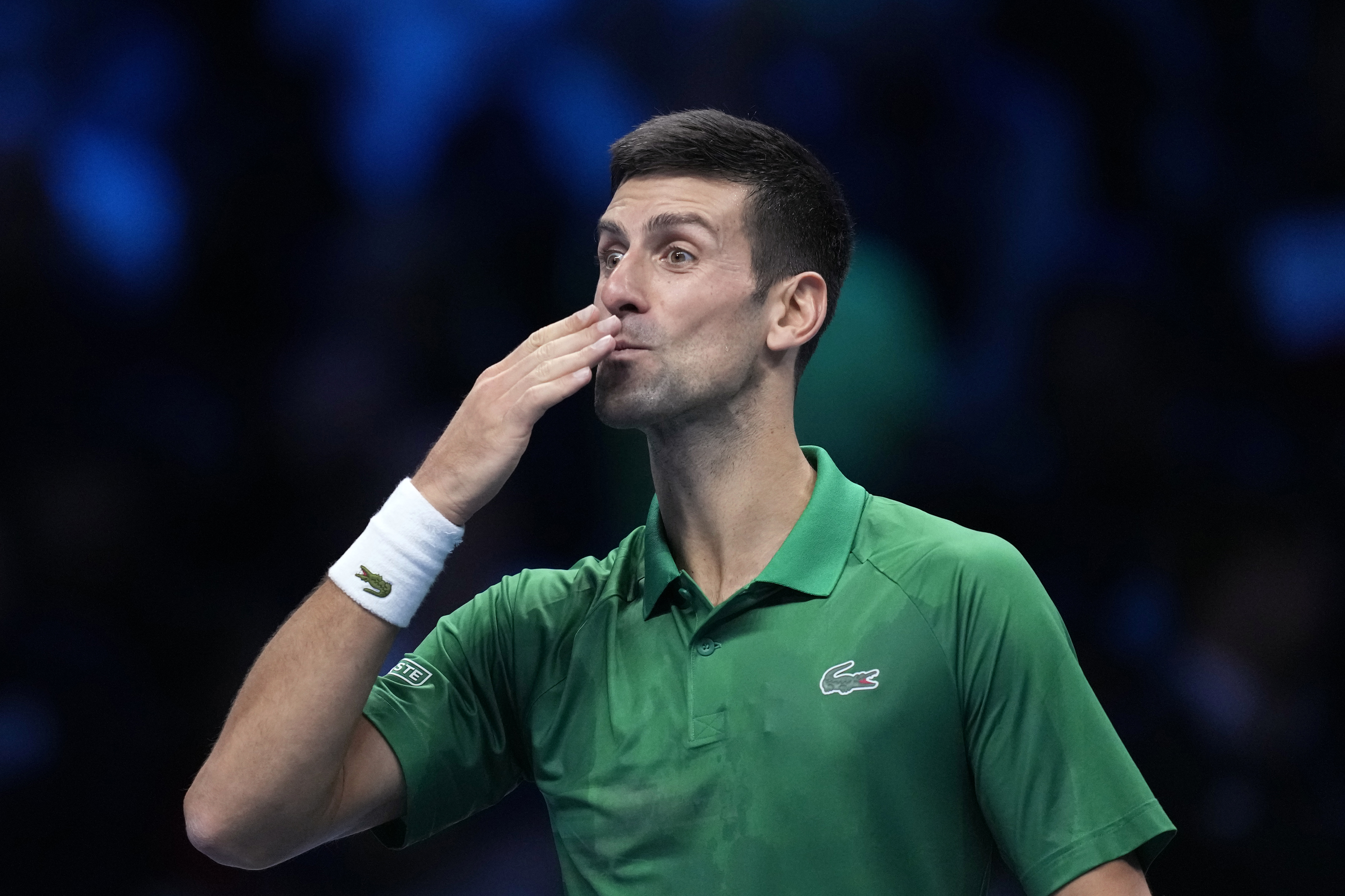 Serbia's Novak Djokovic celebrates after winning against Russia's Andrej Rublev during their singles tennis match of the ATP World Tour Finals, at the Pala Alpitour in Turin, Italy, Wednesday, Nov. 16, 2022. (AP Photo/Antonio Calanni)