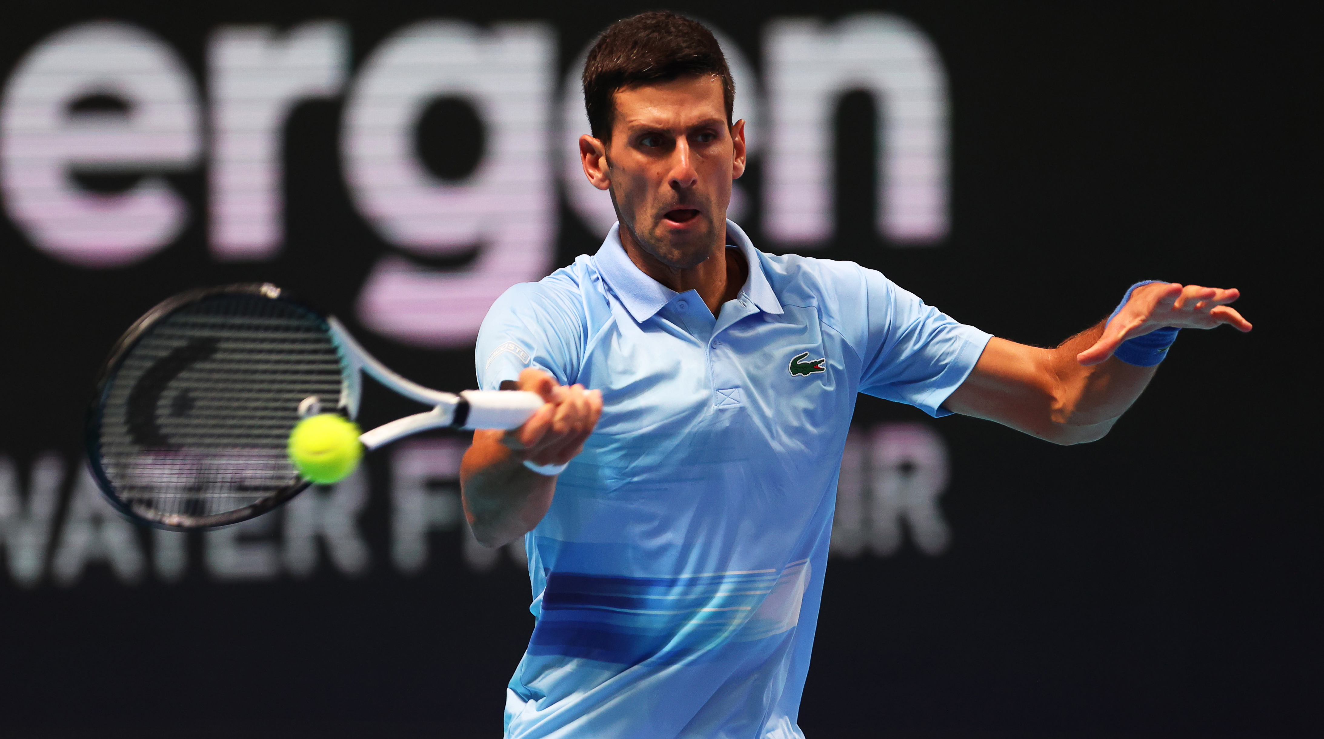 epa10215768 Novak Djokovic of Serbia in action against Vasek Pospisil of Canada during their quarter final match of the Tel Aviv Watergen Open tennis tournament in Tel Aviv, Israel, 30 September 2022.  EPA-EFE/ABIR SULTAN